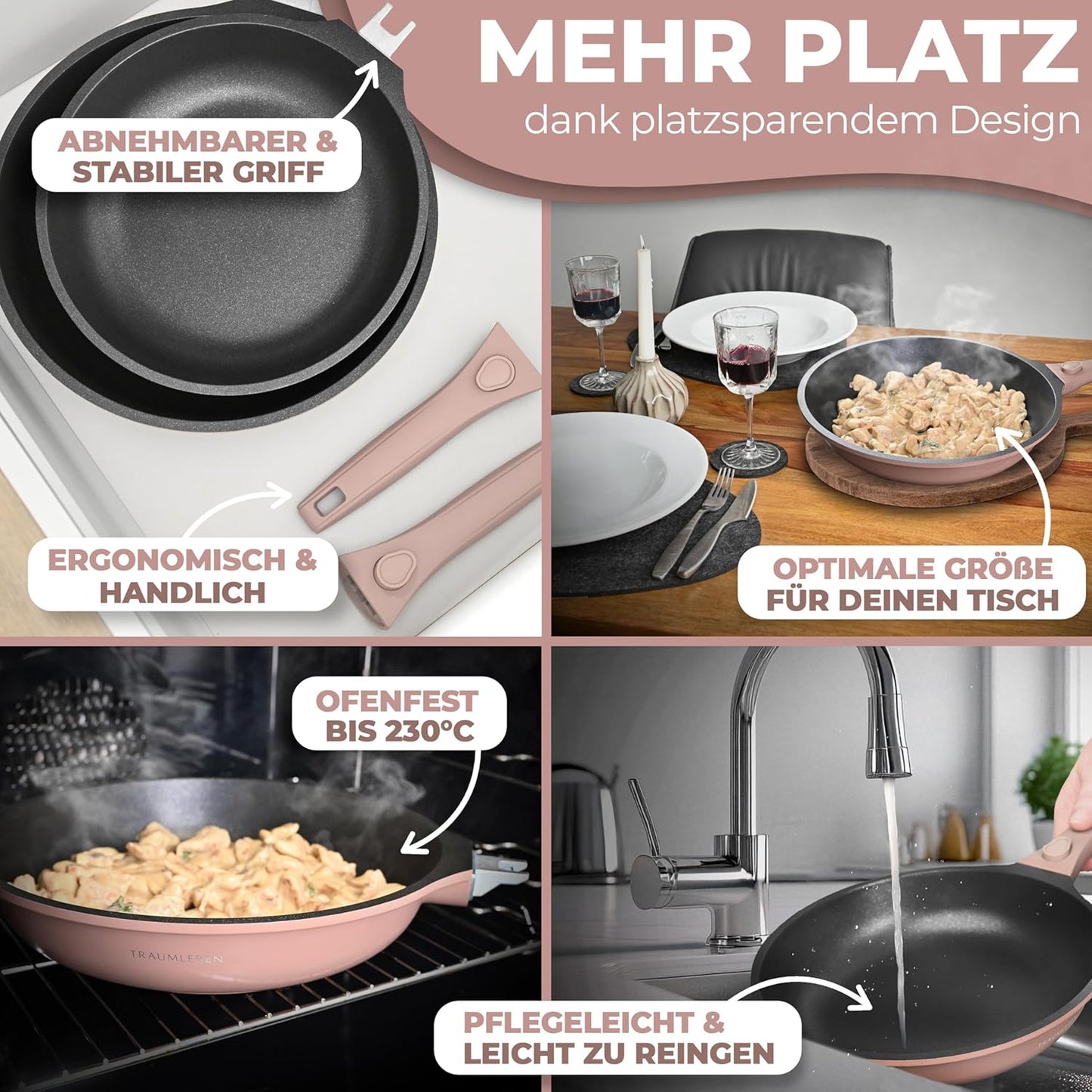 Antihaft-Bratpfanne mit abnehmbarem, Rosa 24 cm