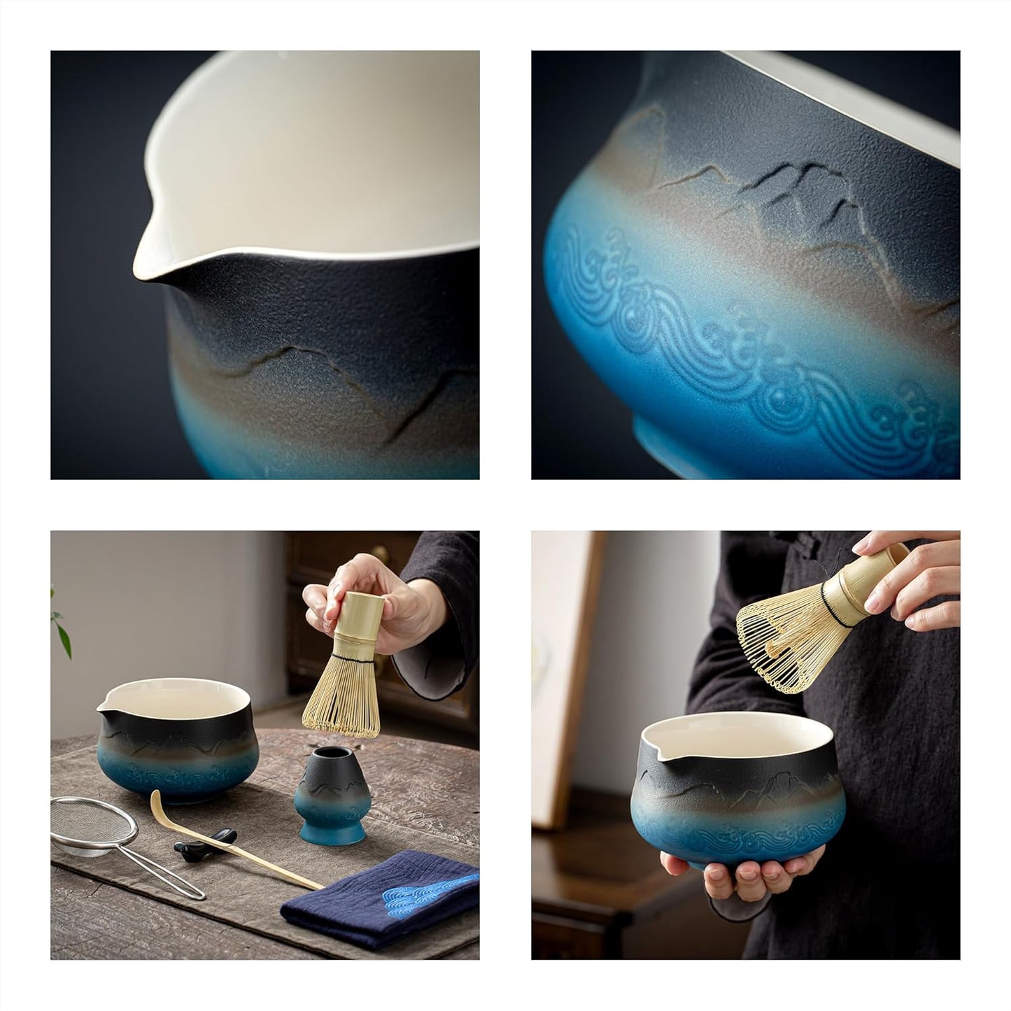 7-teiliges Matcha-Tee-Set, 7Stück/Set, Schüssel mit Ausgießer Farbverlauf Marine