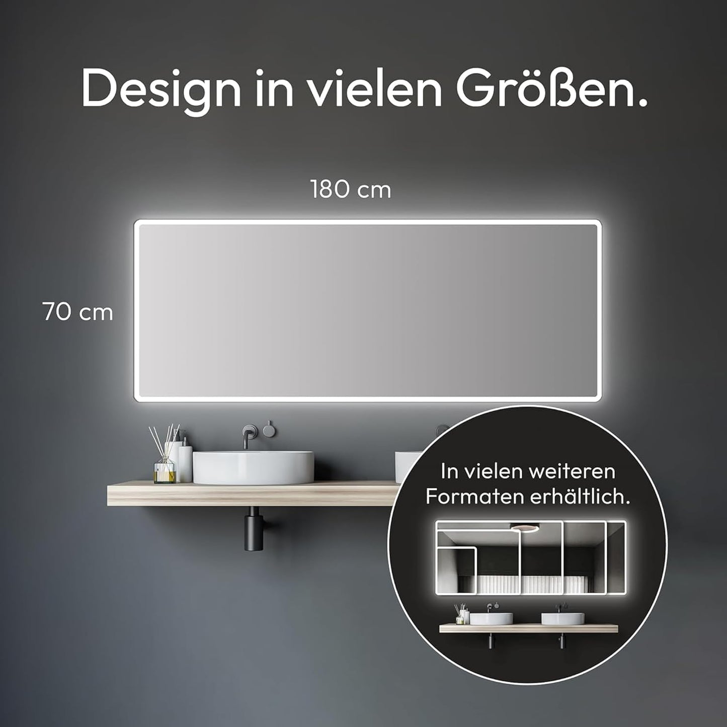 LED Badspiegel mit Beleuchtung (180x70 cm), 70L x 180B cm