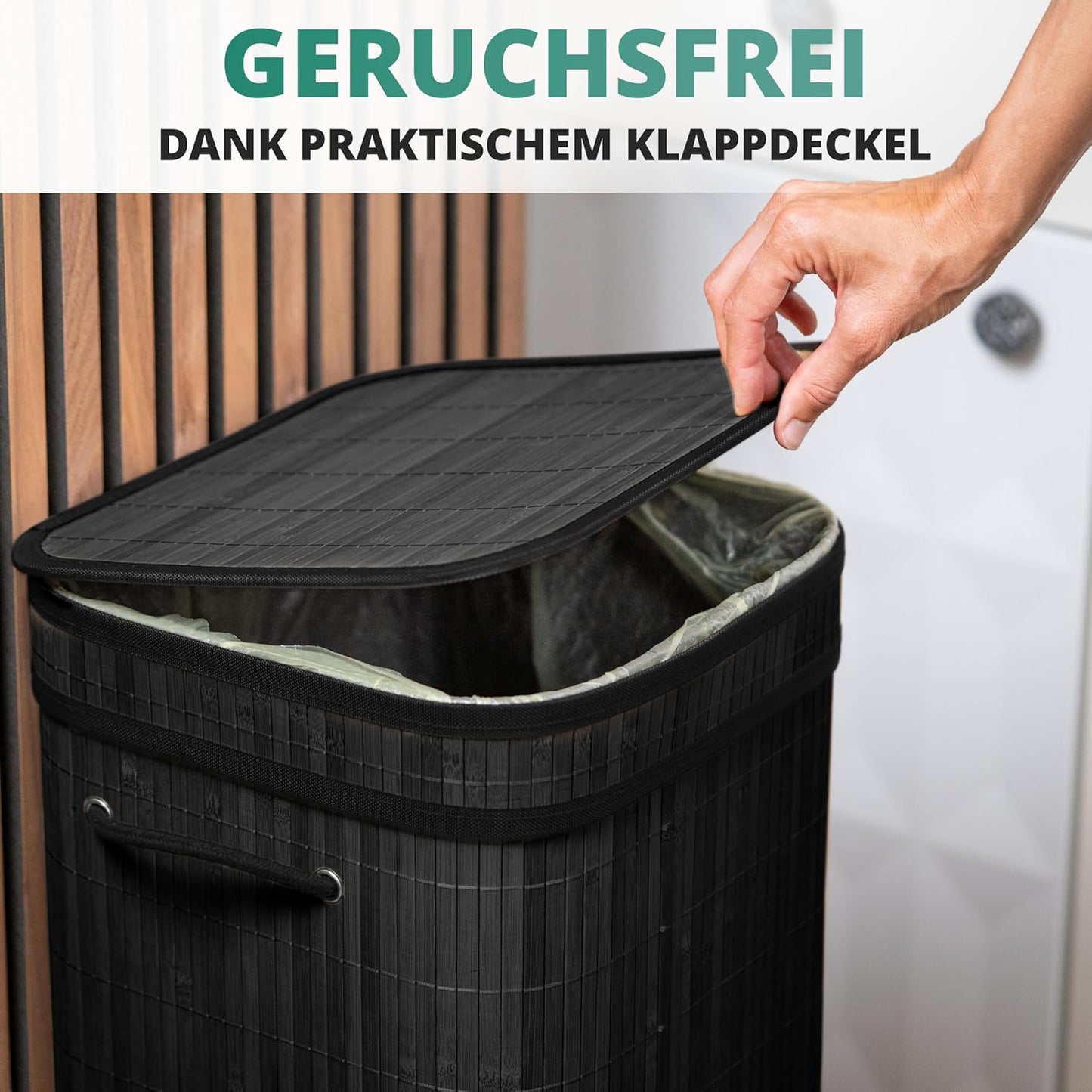 Müllsackständer mit Deckel, Bambus / Schwarz