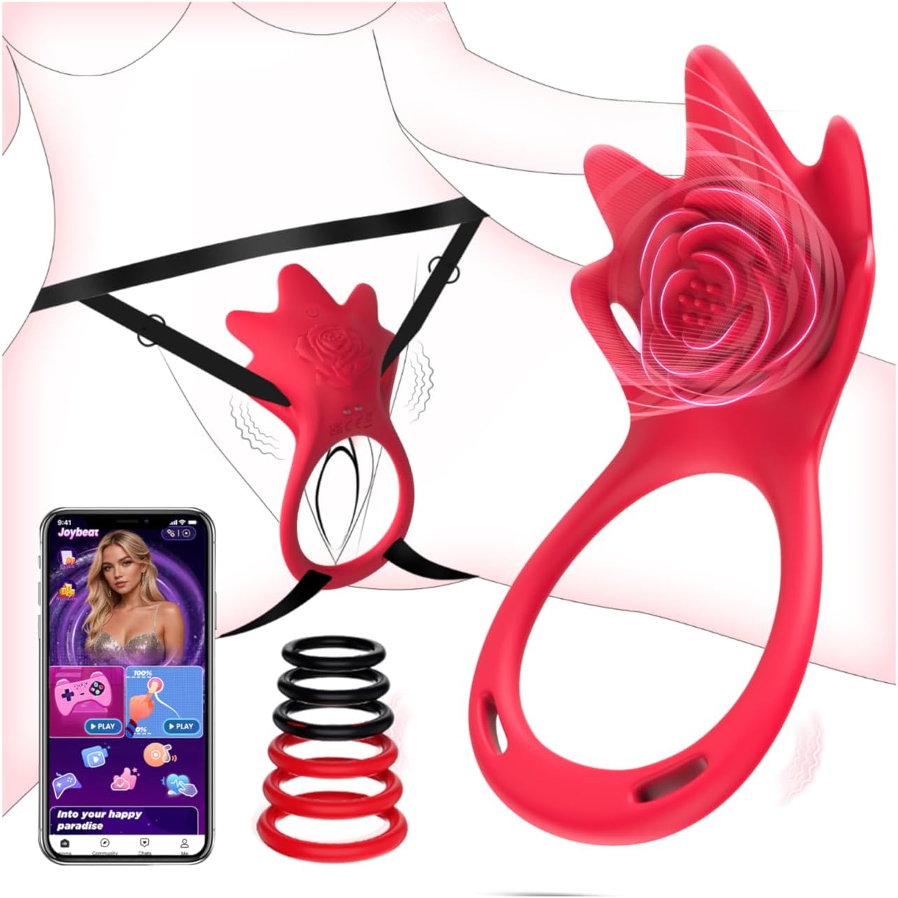 Vibrator mit Penisring und Erotikspiele-App, Burgunderrot, Extragrösse 2