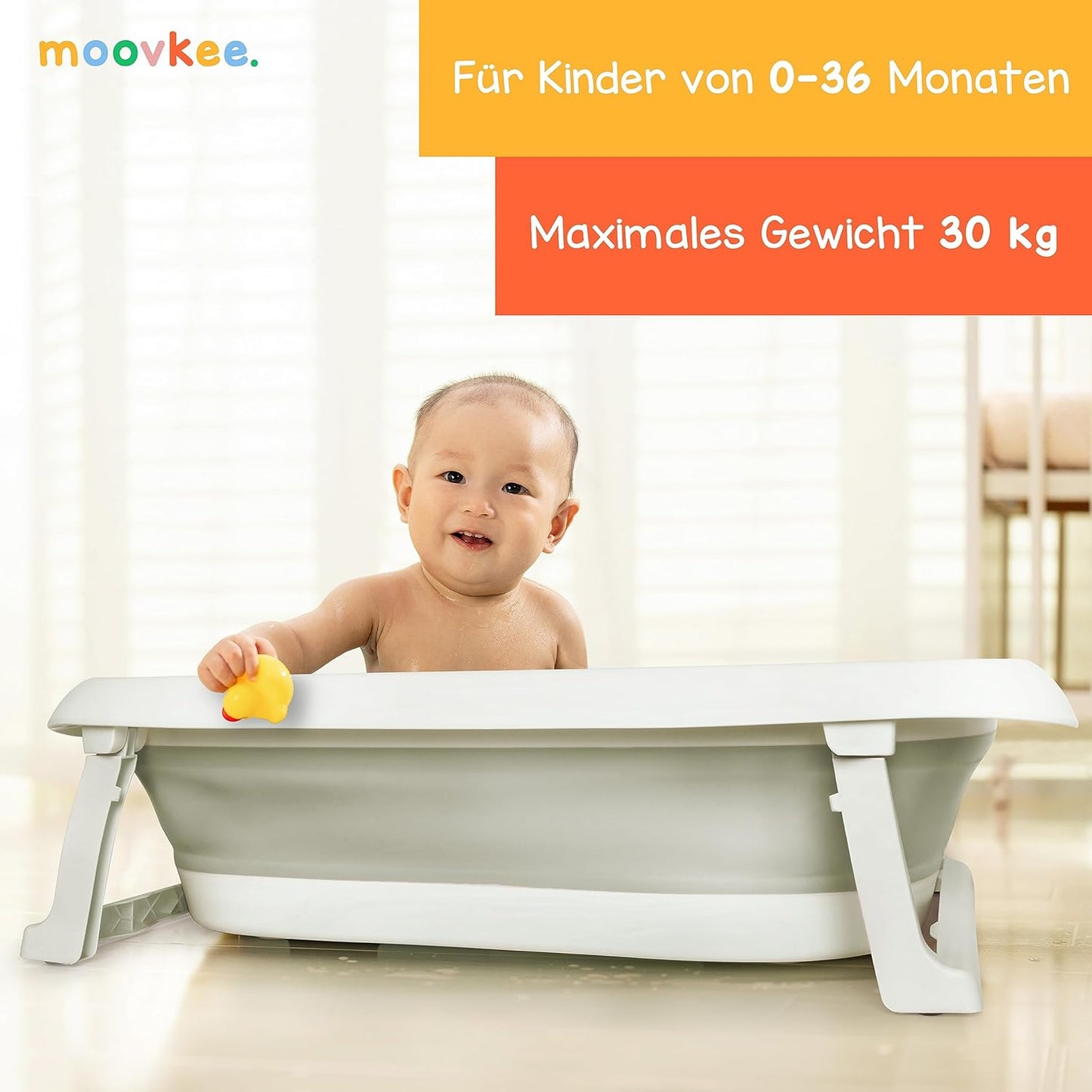 Faltbare Babybadewanne mit Thermometer und Kissen, Grau 21cm Höhe - Faltbare