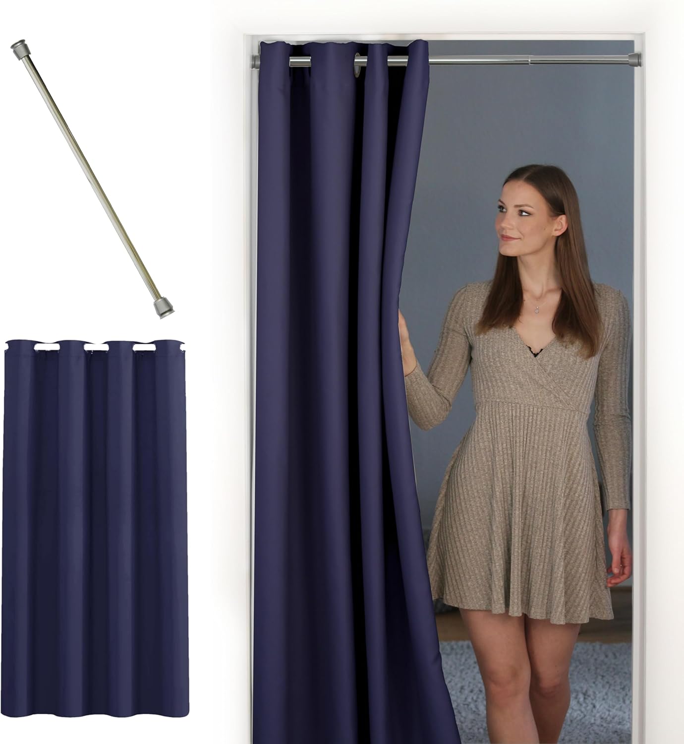 Türvorhang mit Teleskopstange, H200 x B150 cm (1er Pack) / Türvorhang Blau + Stange Silber 70-120 Cm