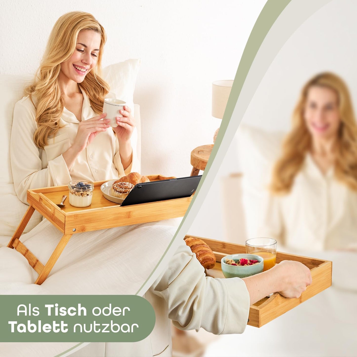 Klappbares Betttablett mit Tablet-Halterung, Natur
