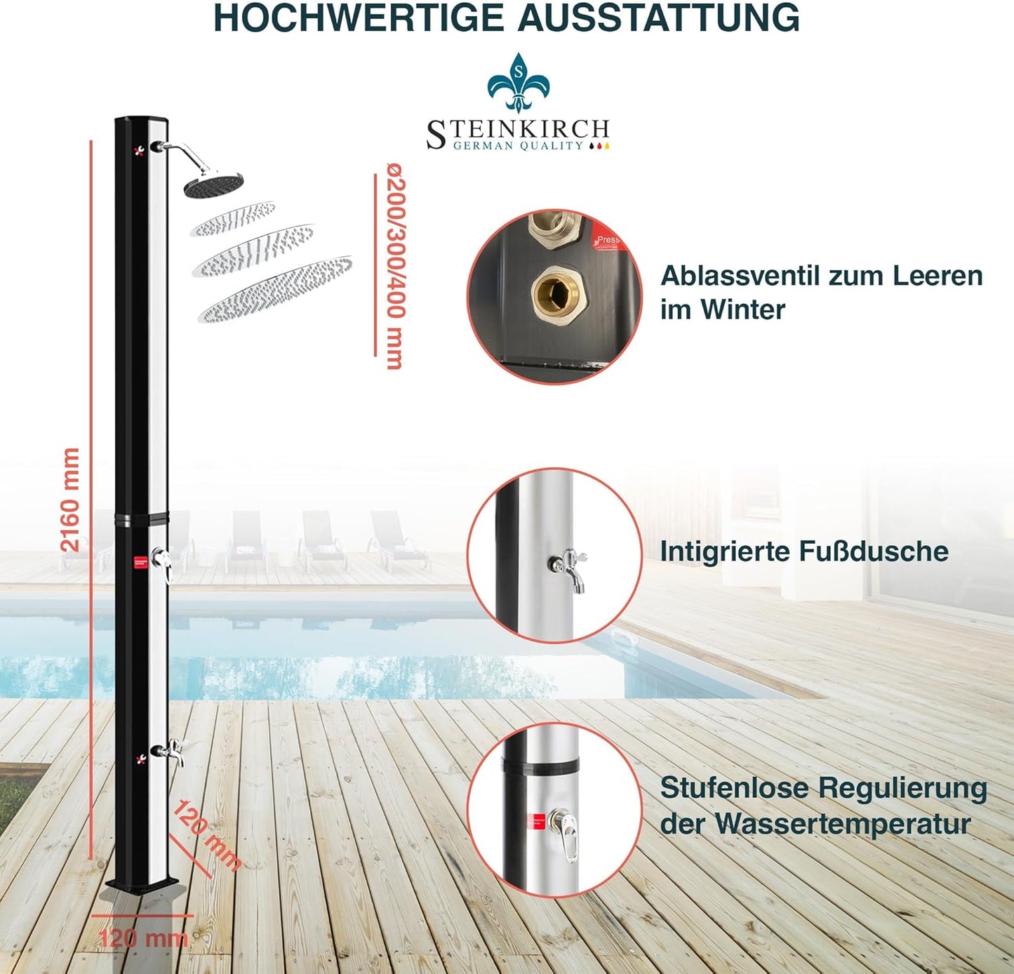 Solar Gartendusche, AquaSon: ø 200 mm (Edelstahl)