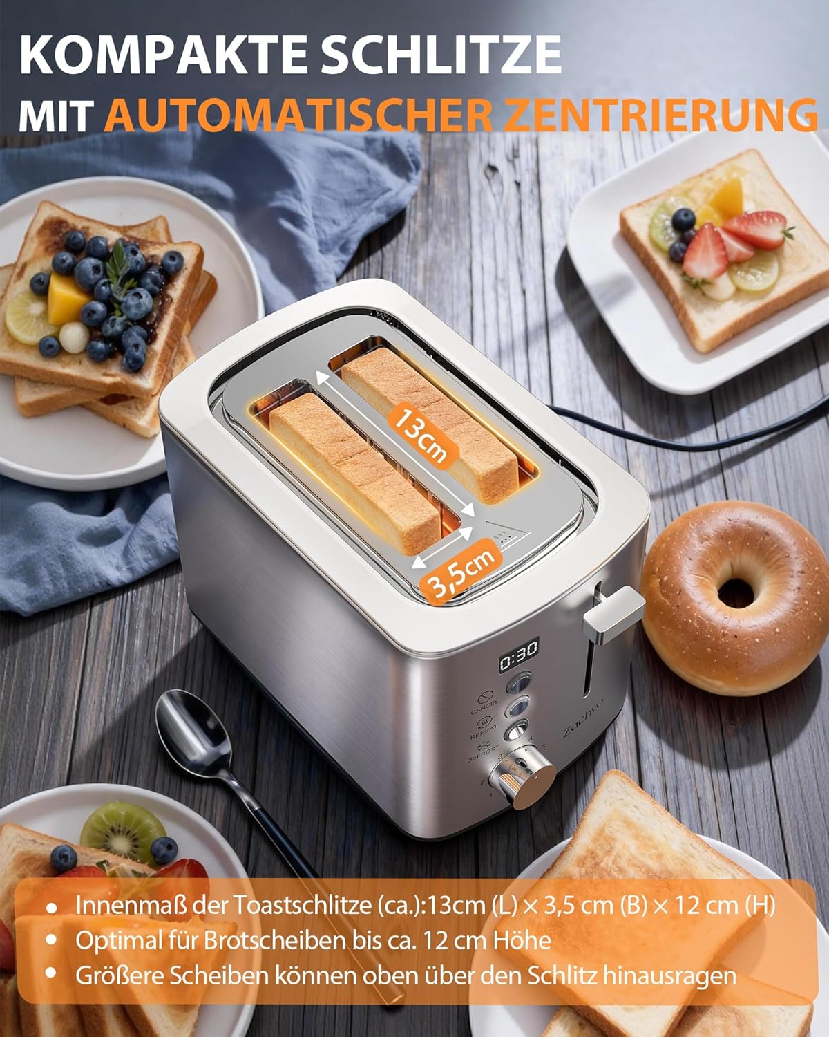 Toaster mit Brötchenaufsatz, Silber - Led Drehknopf