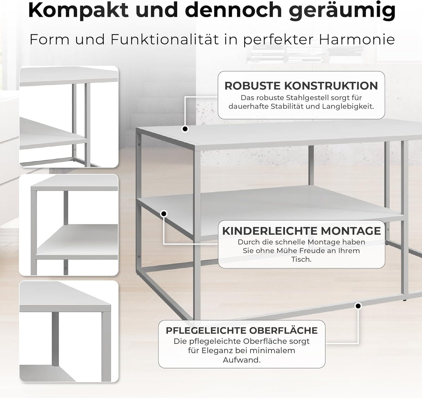 Rechteckiger Couchtisch mit Stauraum, Weiß 90 x 60 x 45 cm