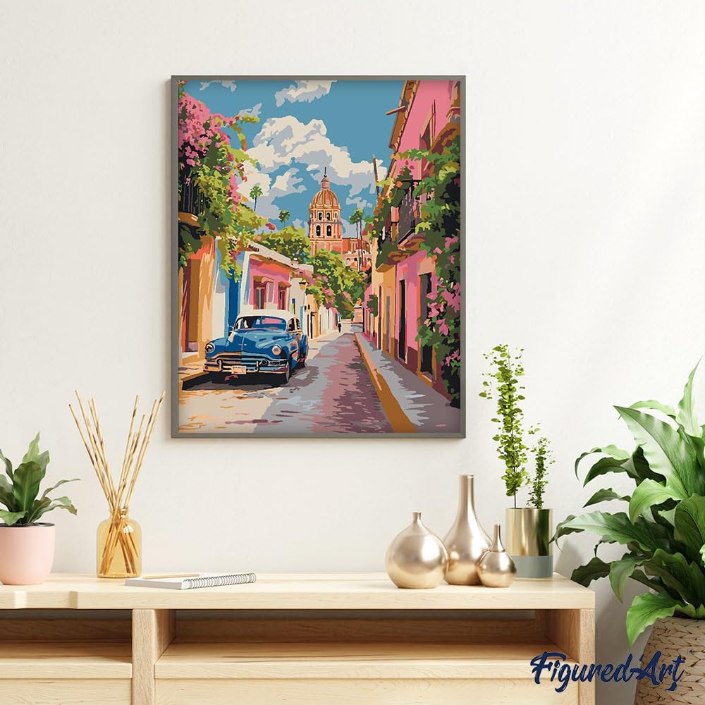 Malen nach Zahlen Set Oldtimer Mexiko City, Oldtimer Auto in Mexiko City 40x50cm Mit Rahmen (bereits gespannt)