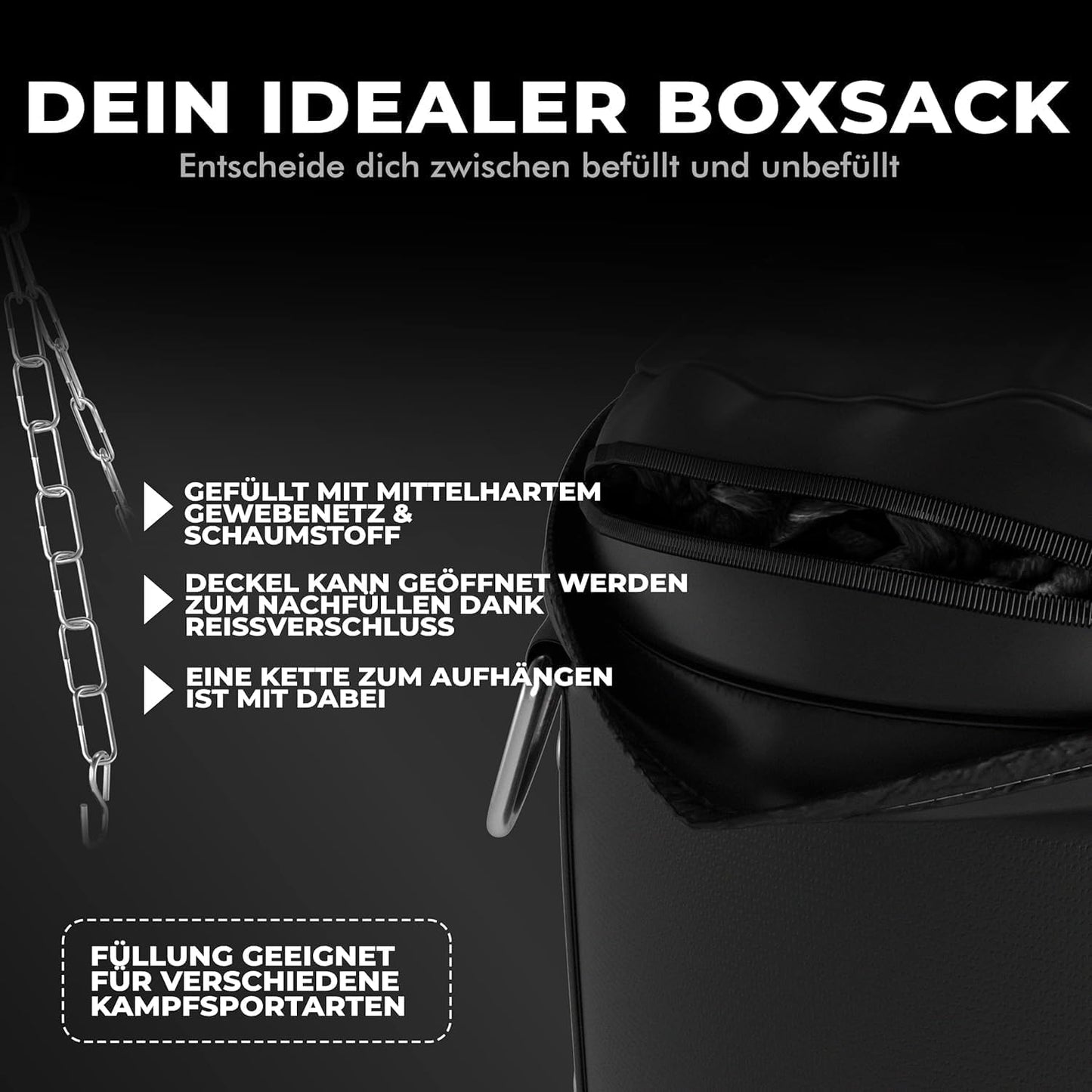 Boxsack Set mit 4-Punkt-Stahlkette für Kampfsport, leer All Black