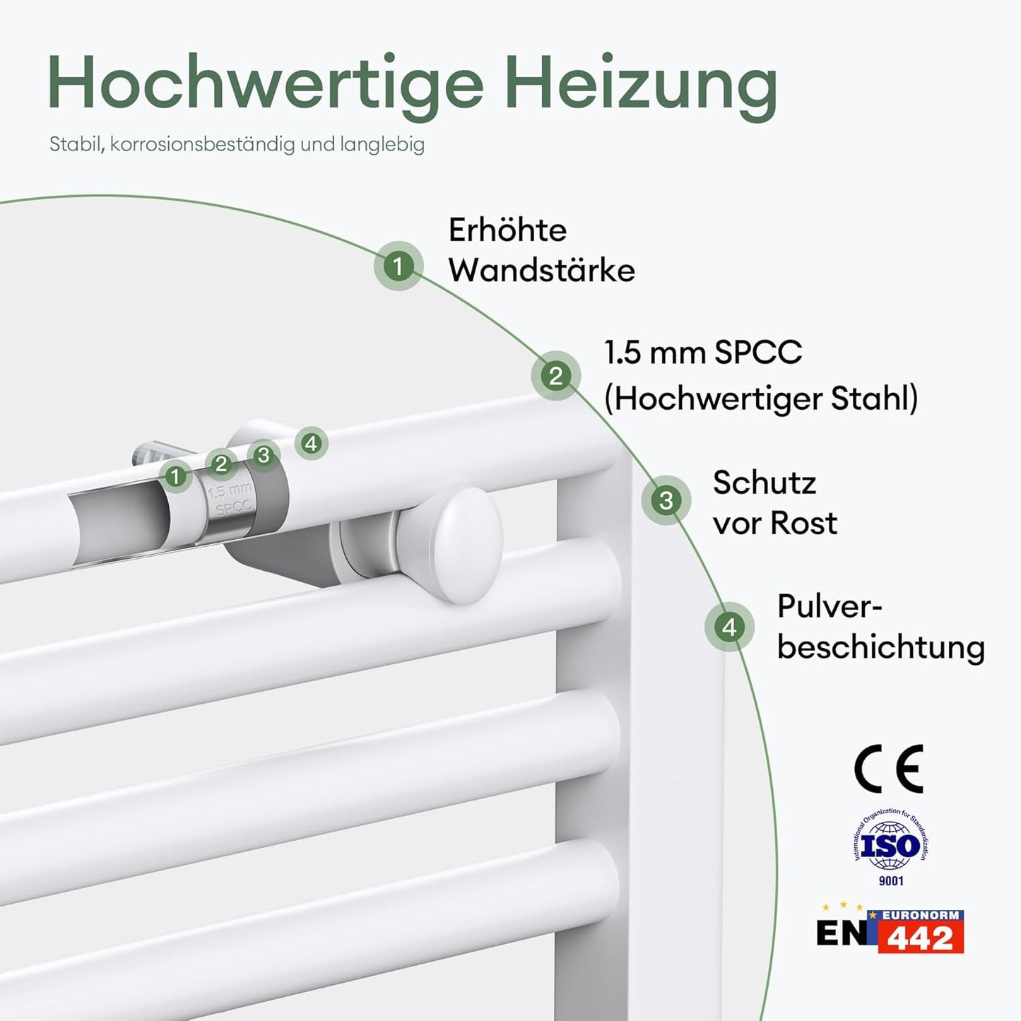 Handtuchheizkörper mit Seiten- und Mittelanschluss, 50x160cm Weiss