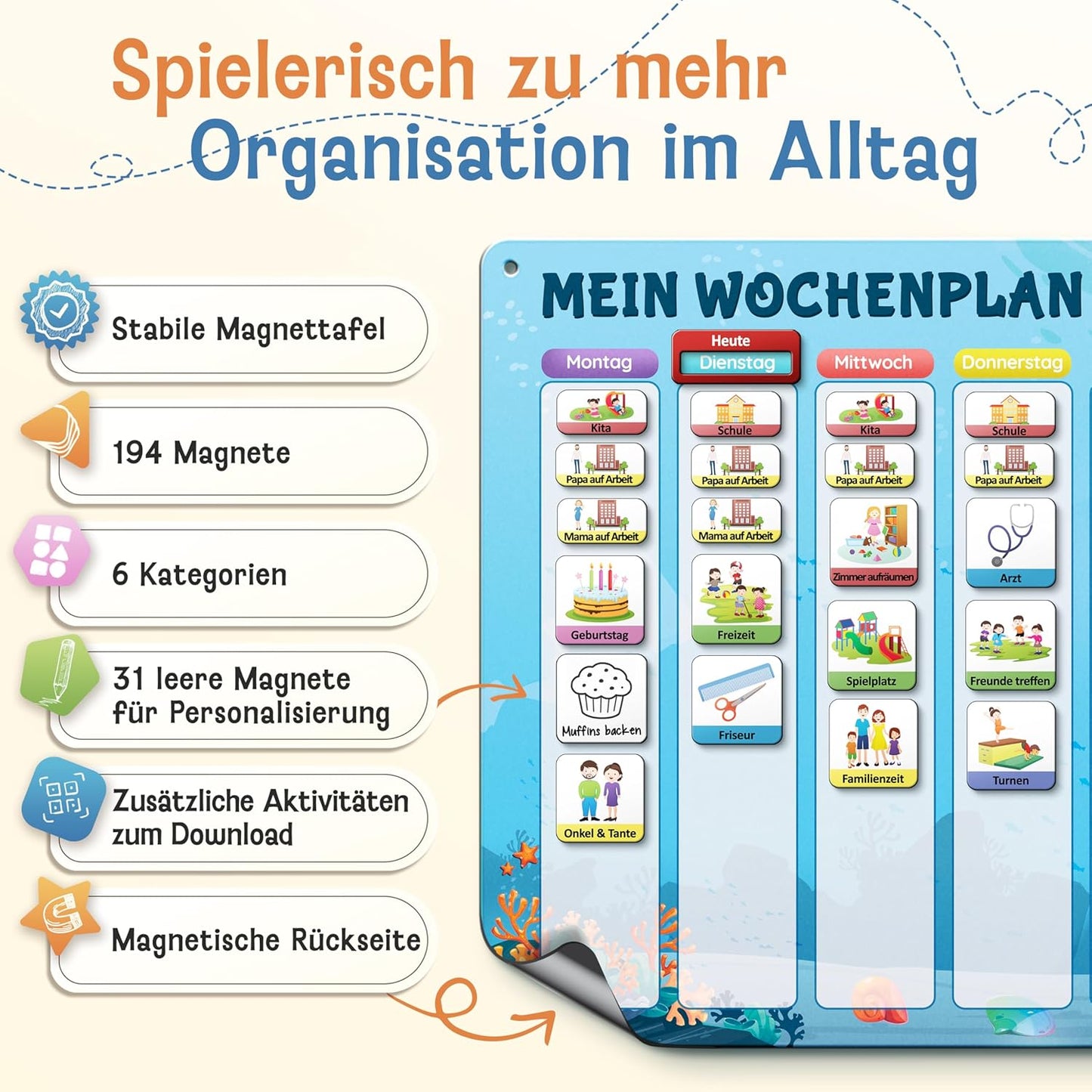 Wochenplaner und Magnettafel für Kinder, Blau Wochenplan