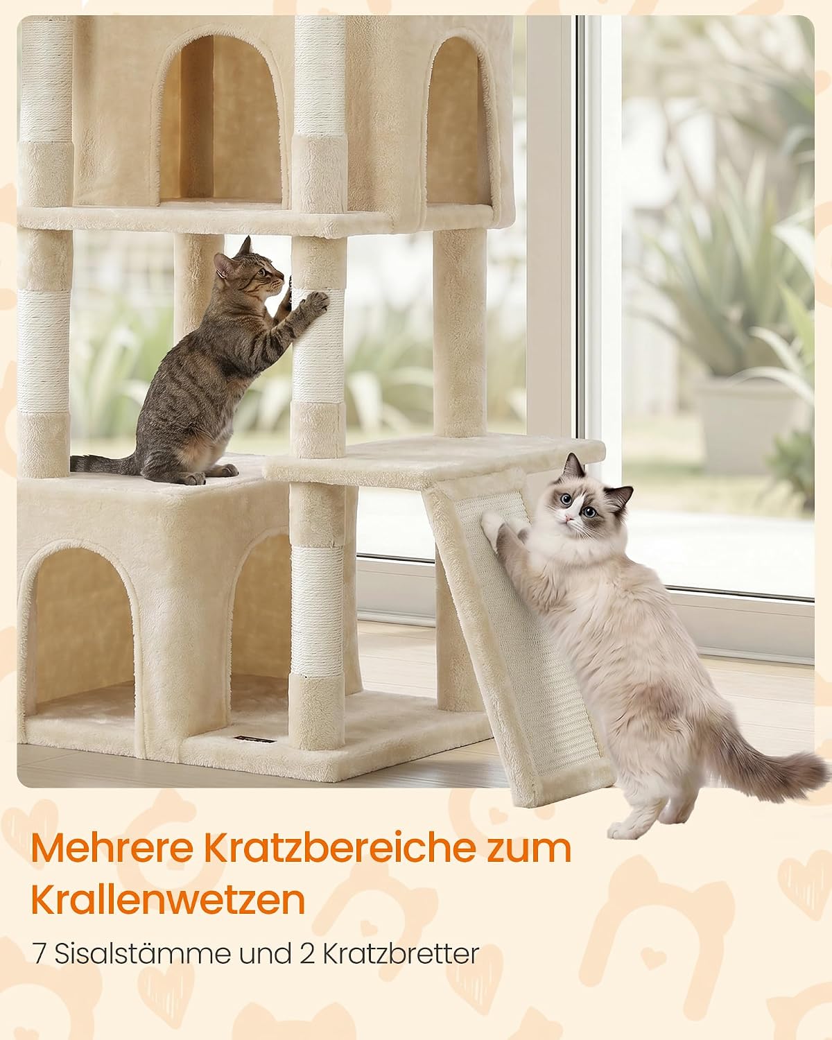 Katzenkratzbaum mit Höhlen und Hängematte, Beige