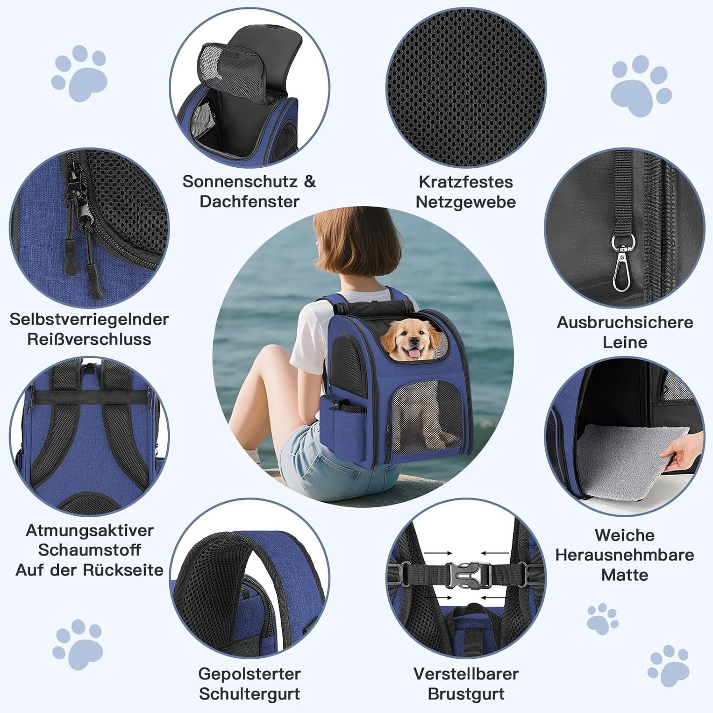 Hunderucksack bis 10kg mit Netzfenster, Blau
