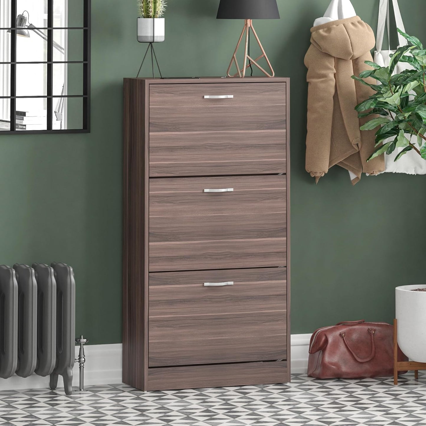 Schuhschrank mit 3 Klappfächern, Beige 3 Schubladen - Walnussbaumholz