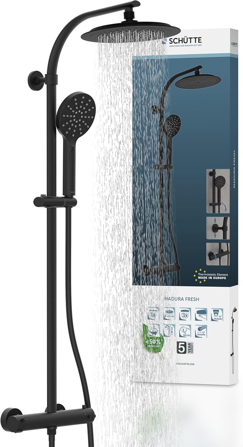 Duschsystem Madura Fresh mit Thermostat und Regendusche, Schwarz