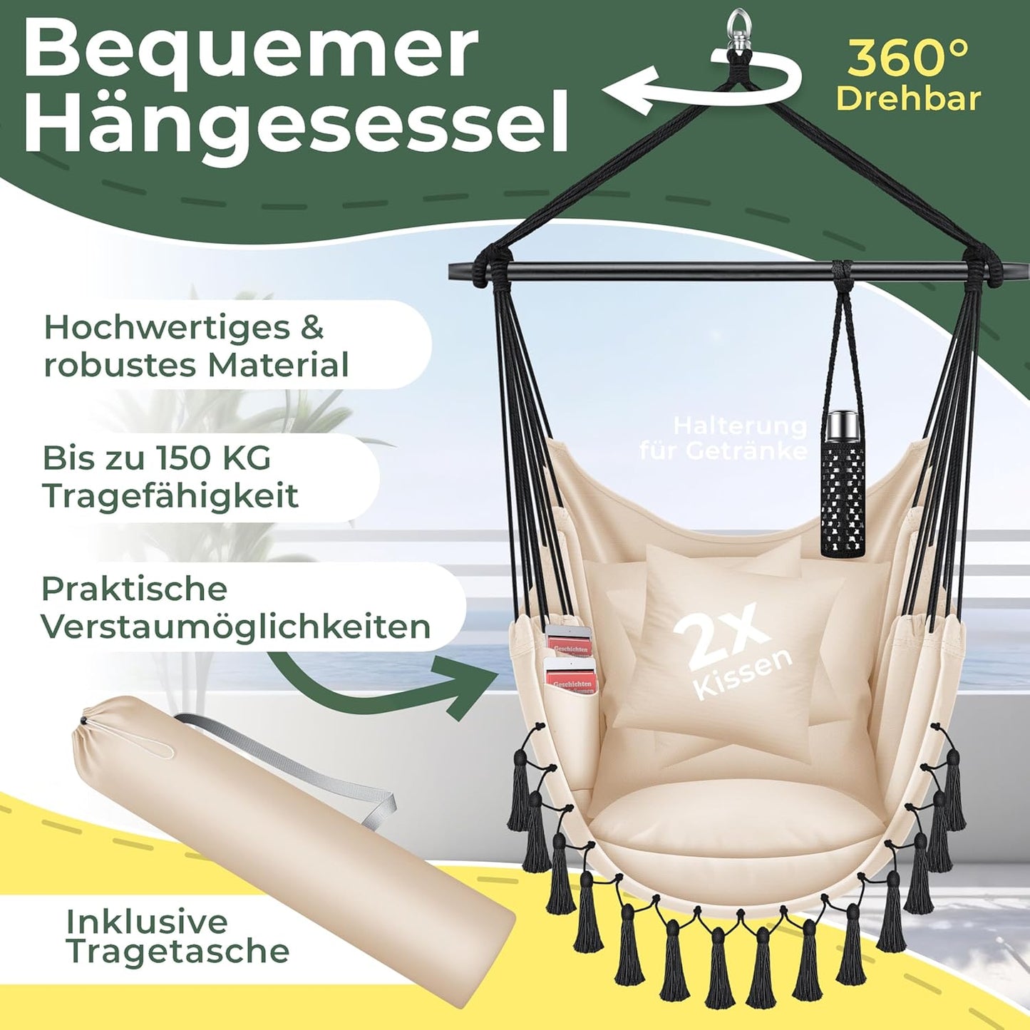 Hängesessel Safari XXL mit Aufhängung & Zubehör, Beige