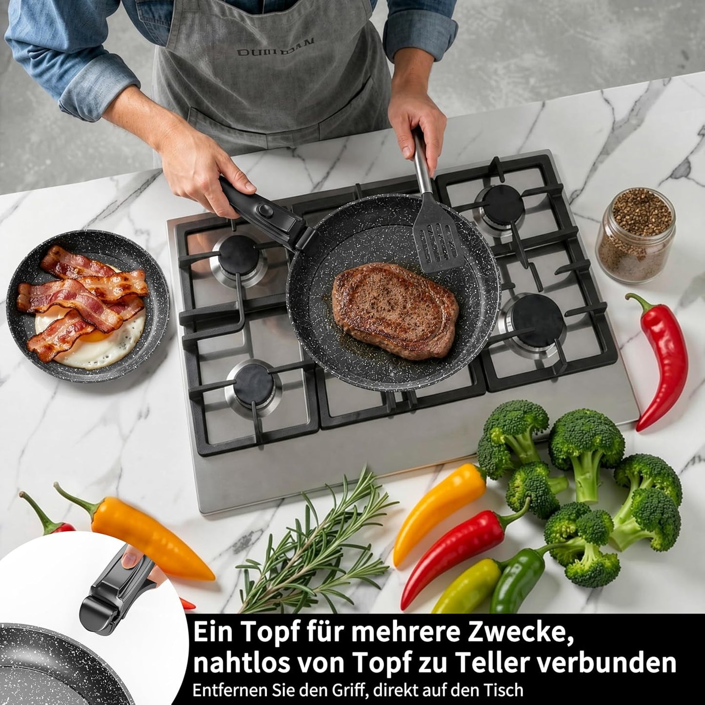 4-teiliges Pfannenset mit abnehmbaren Griffen, Tiefschwarz