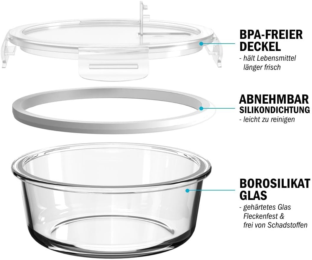 5-teiliges Glas-Frischhaltedosen-Set, luftdicht, Kreisförmig