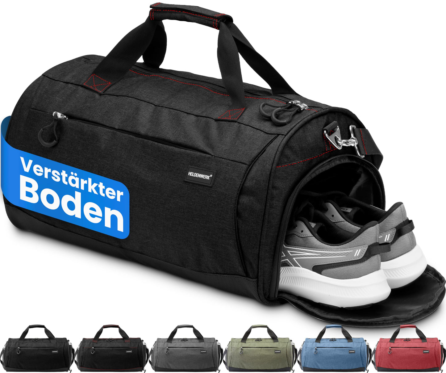 Sport- und Reisetasche mit Schuh- und Nassfach, Schwarz mit Roten Reissverschlüssen 58 x 31 x 31 cm (Large 50L)