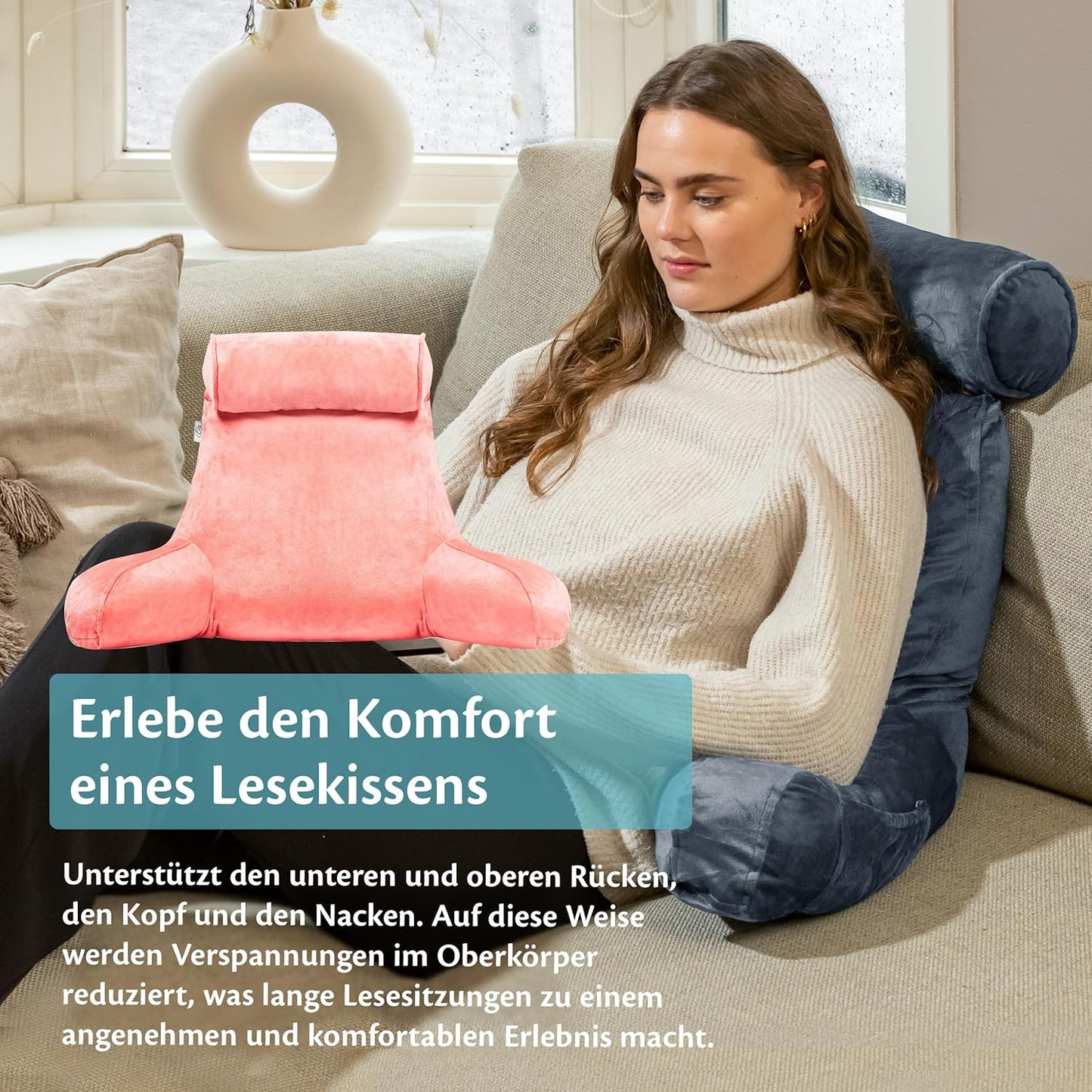 Lesekissen mit Nackenrolle und Armlehnen, Rosa