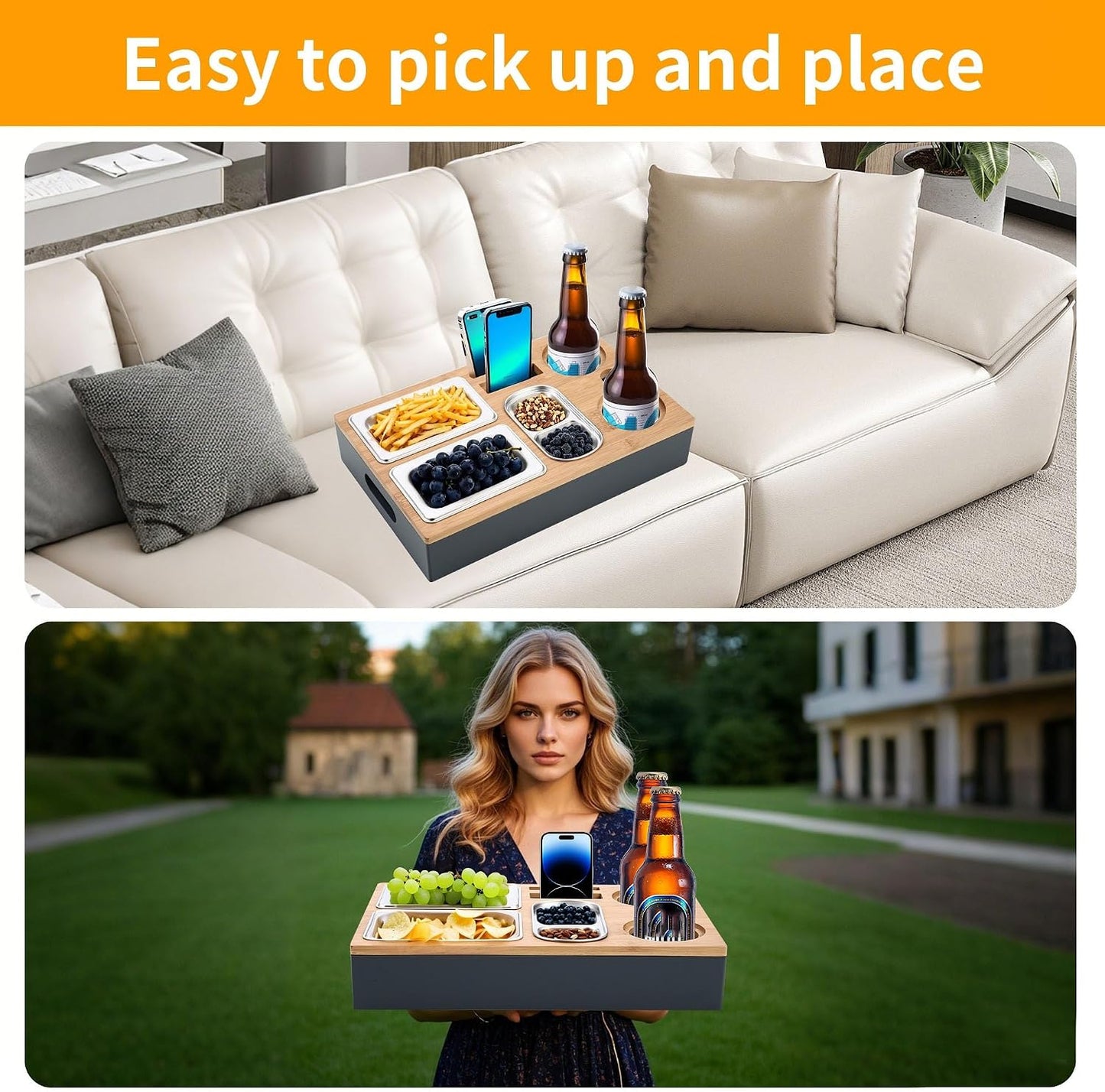Snackbox mit Edelstahl-Schalen für Sofa & Picknick, Grau