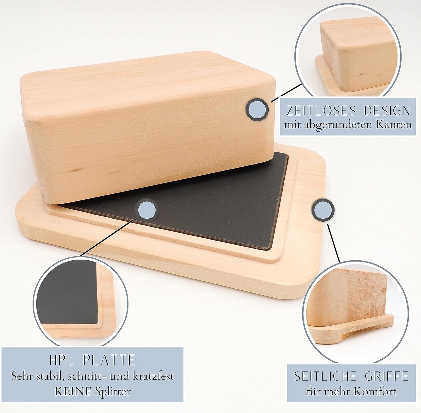 Butterdose aus Zirbenholz mit HPL Platte, Ohne Gravur