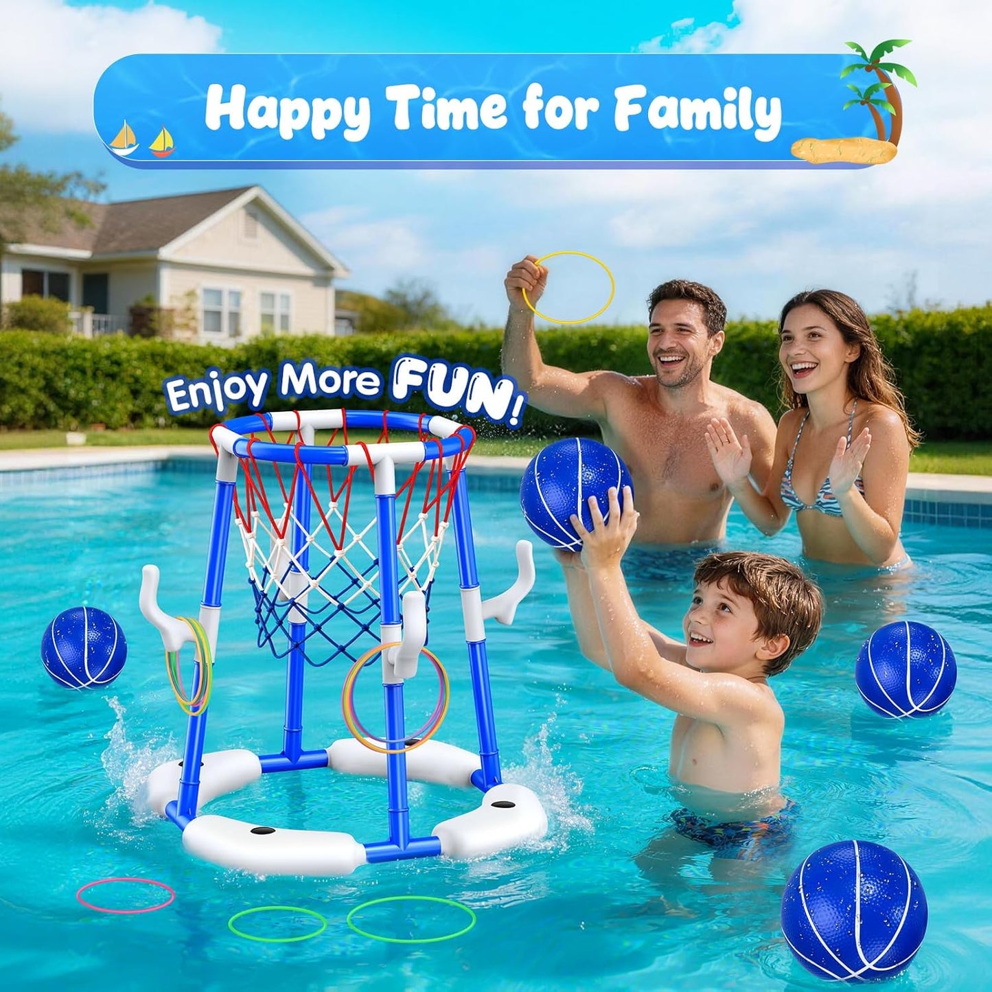 Pool-Basketballkorb-Set mit 4 Bällen und 12 Ringen