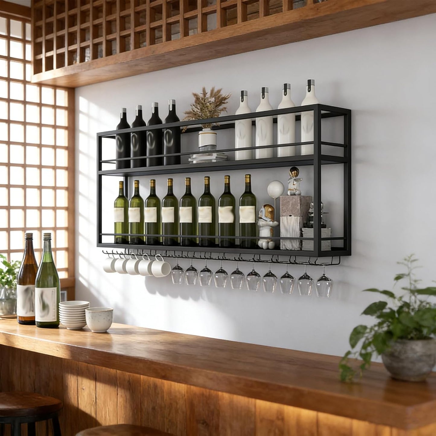 Wand-Weinregal mit Glashalter, 80×20×65cm