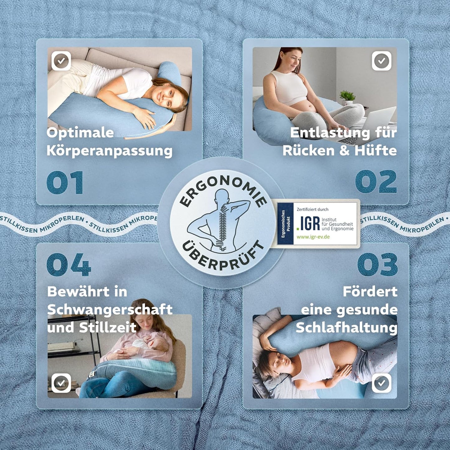Stillkissen XXL mit Mikroperlenfüllung, XXL 190x30 Musselin Denim