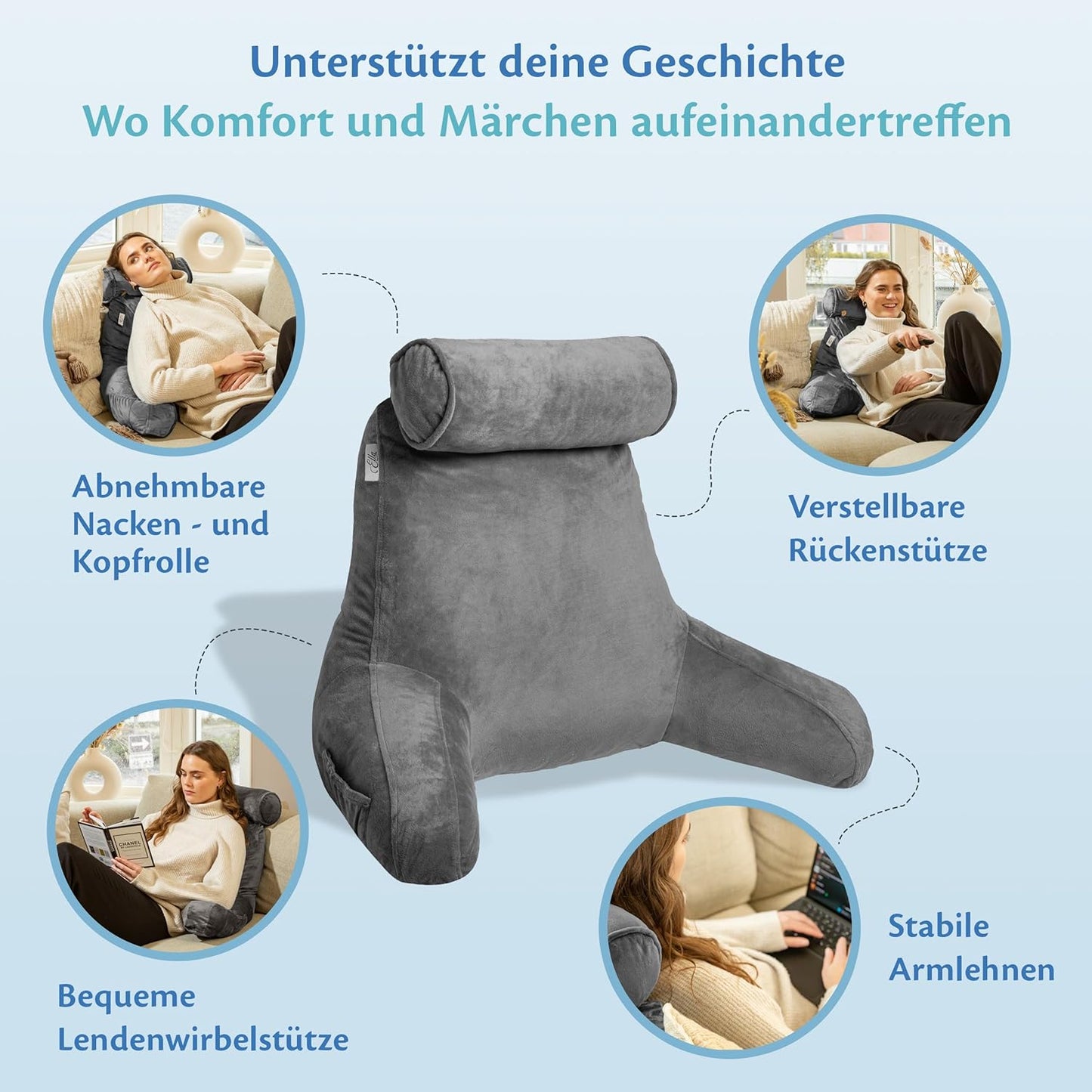 Lesekissen mit Nackenrolle, Grau