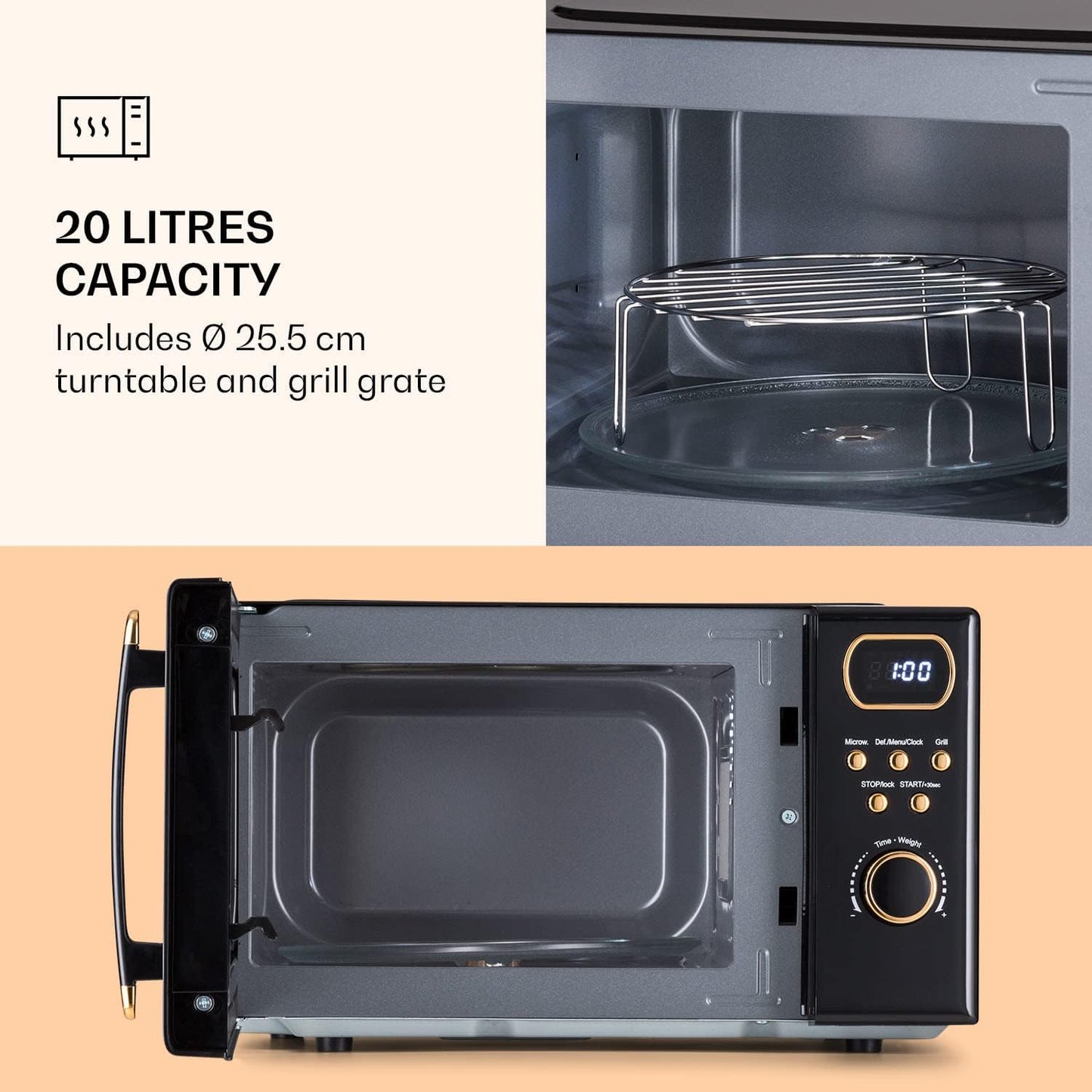 3-in-1 Mikrowelle mit Grill und Auftaufunktion, Schwarz
