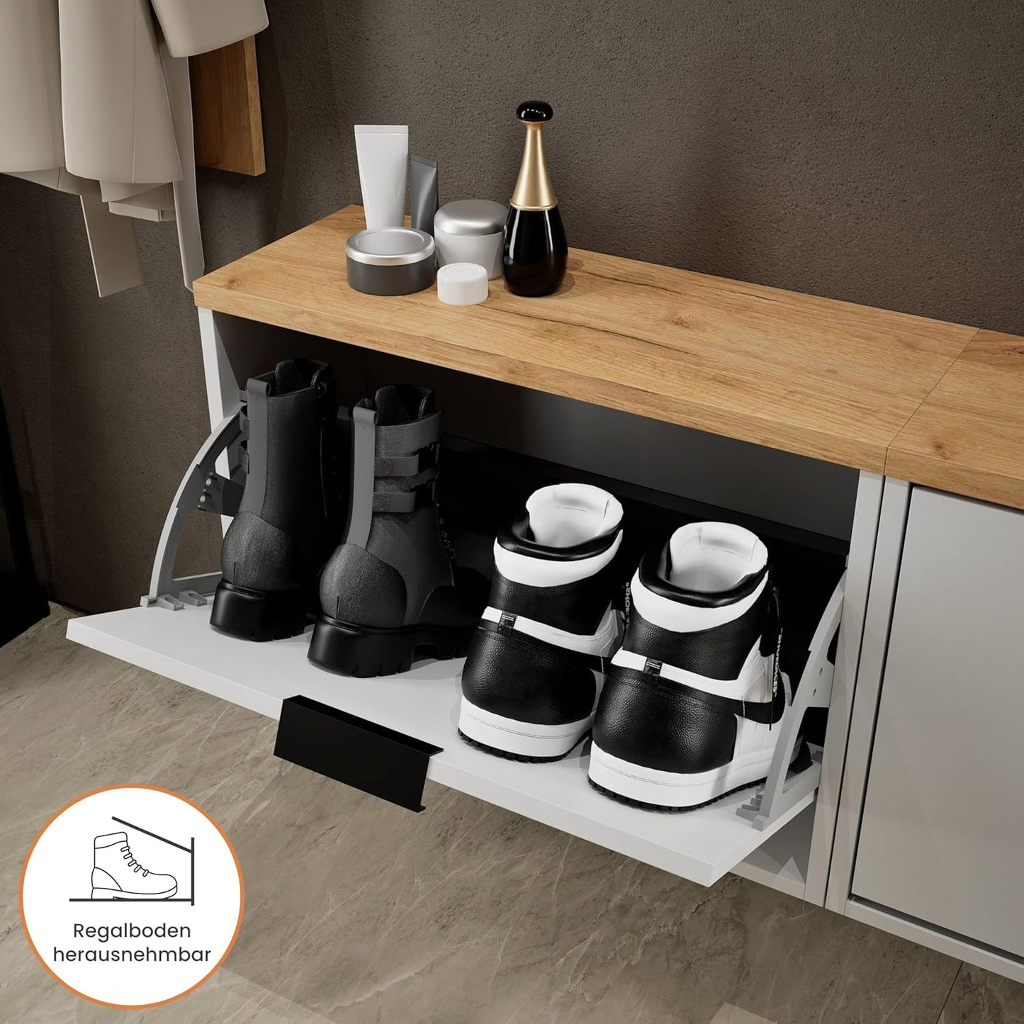 Schmaler Schuhschrank mit Klappen (2er-Set), 2x 1 Klappe Weiss-grau