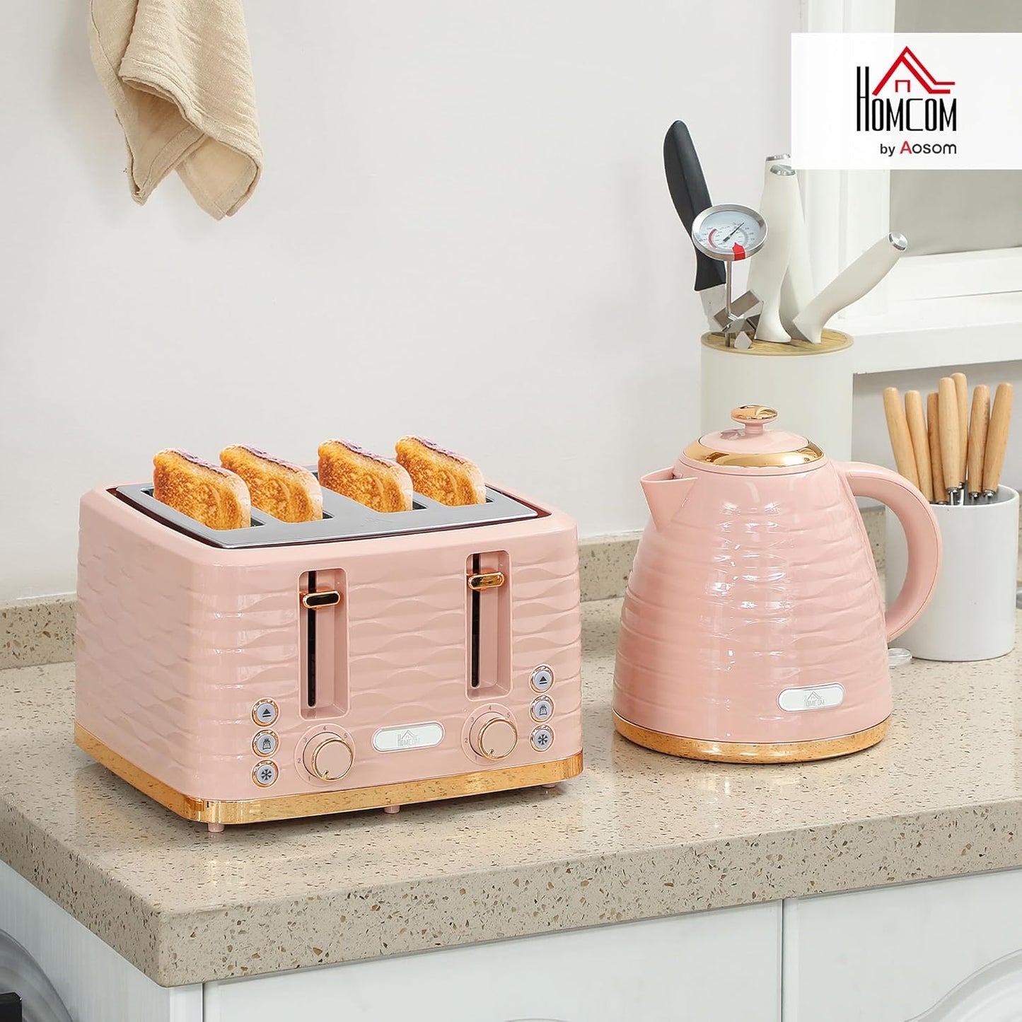 Frühstücksset mit Wasserkocher und 4-Scheiben Toaster, Rosa