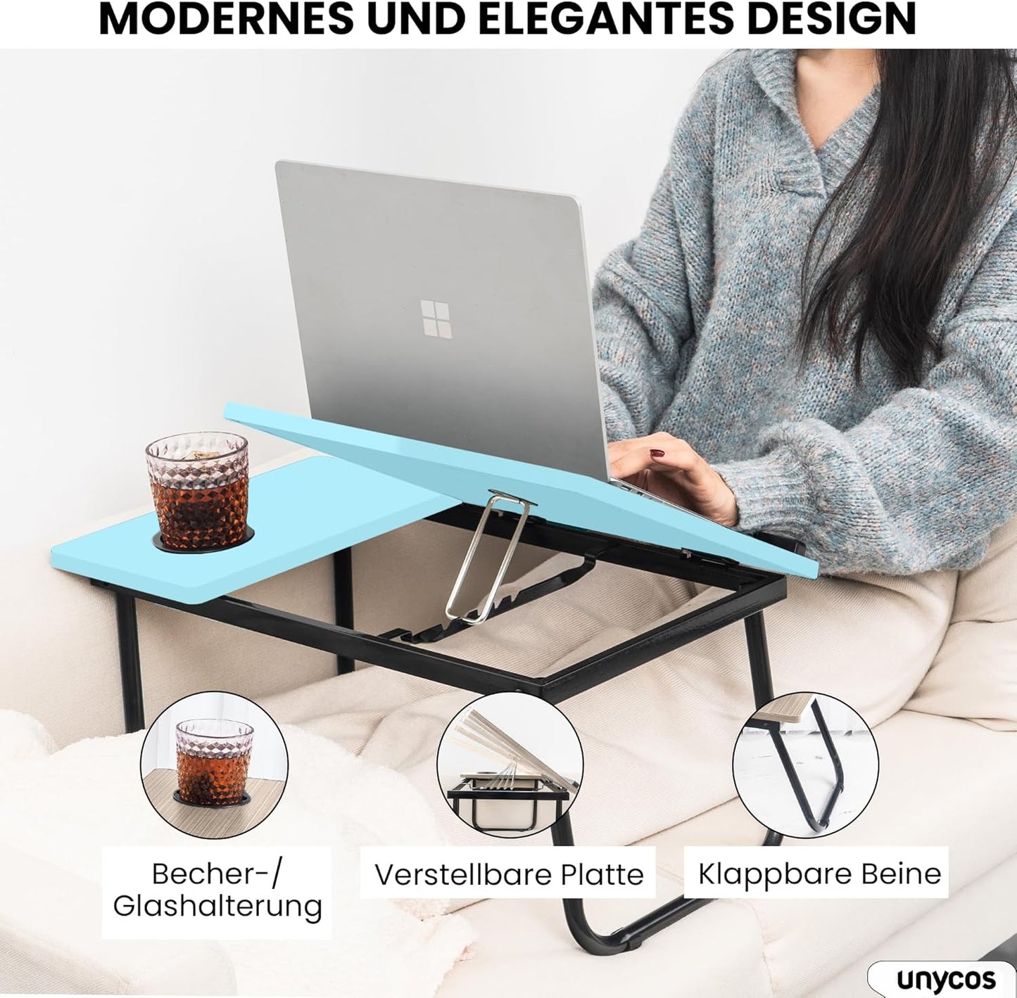 Klappbarer Laptoptisch mit Höhenverstellung & Becherhalterung, Blau