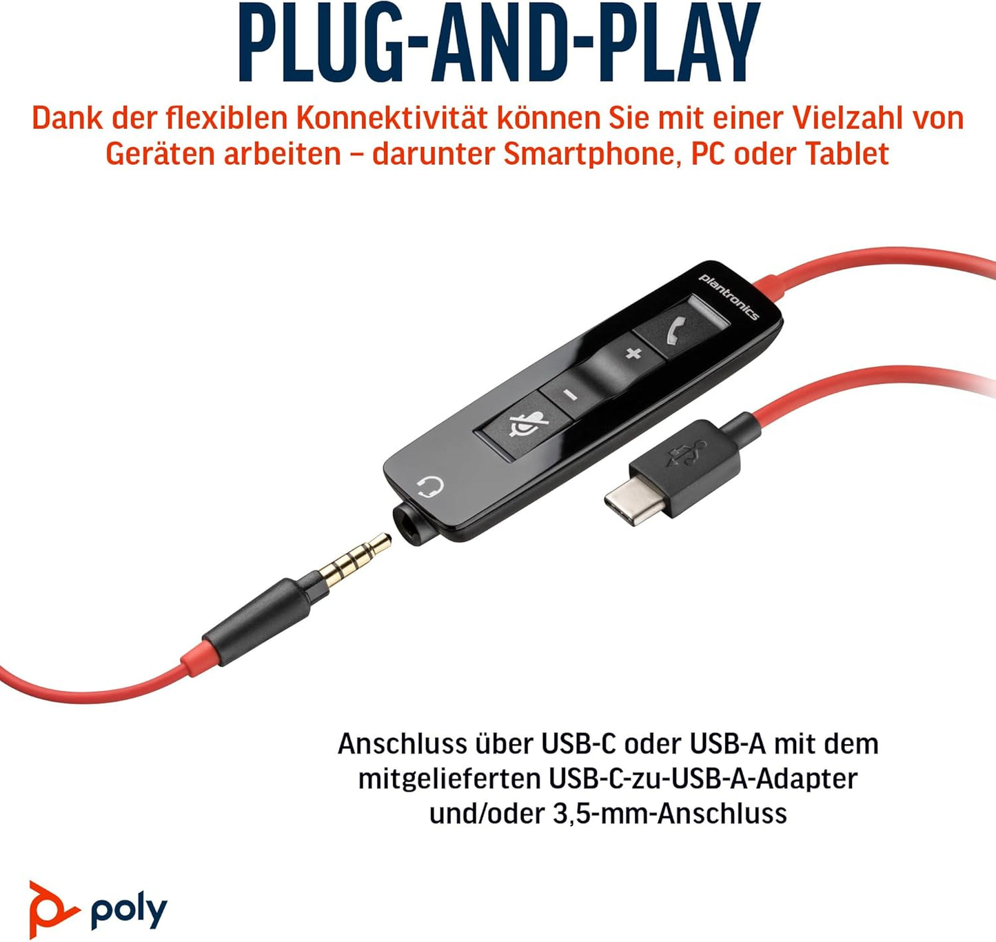 Schnurgebundenes Headset Poly Blackwire 5210 mit Noise Cancelling-Mikrofon, 2024 Version (USB-C & AUX) USB-A, USB-C