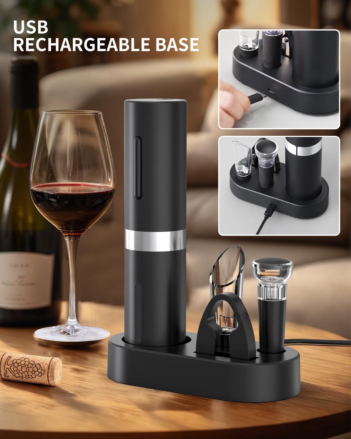 Elektrischer Korkenzieher mit Folienschneider und Weinausgiesser, 5-in-1 Wiederaufladbares Weinset mit Basis - Schwarz
