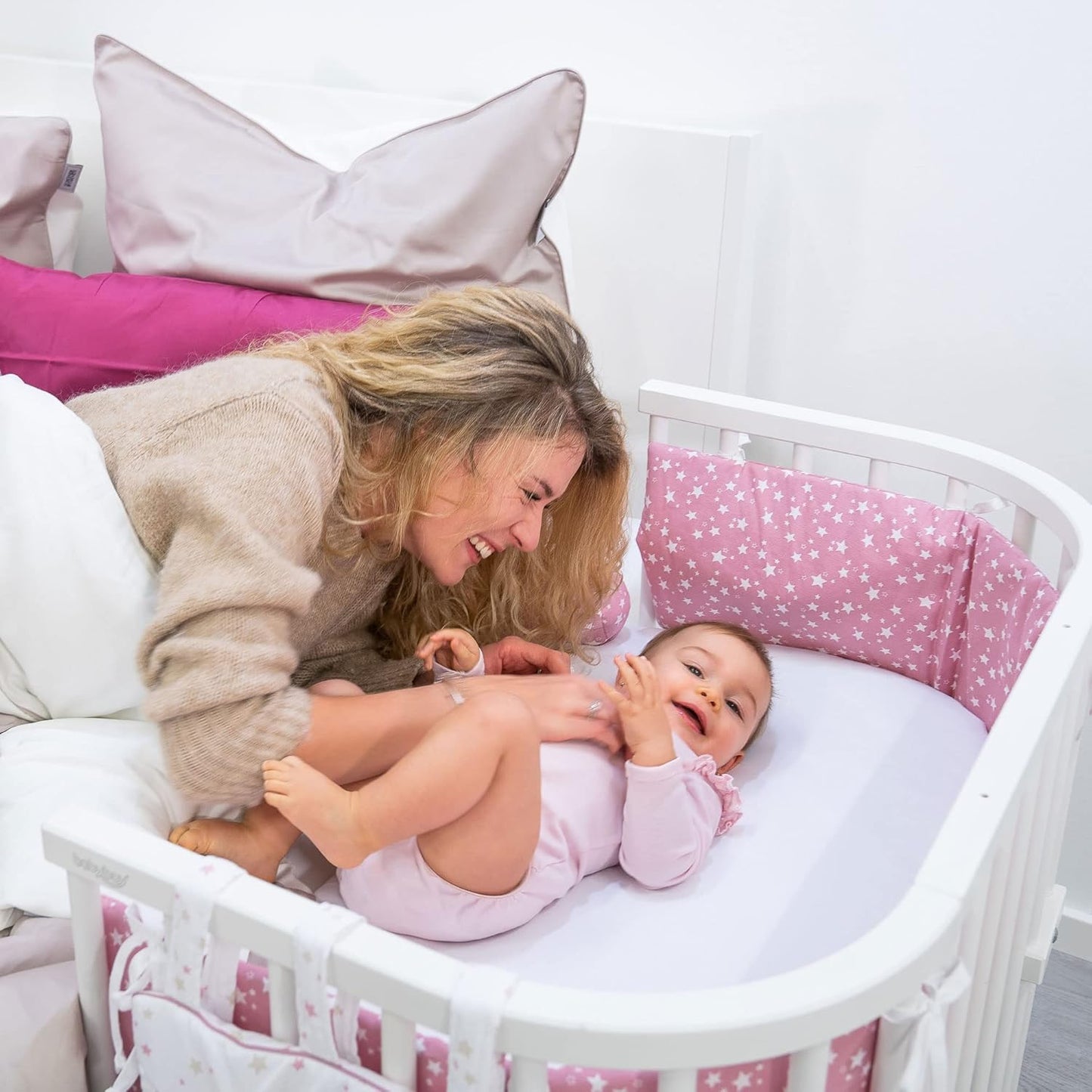 Nestchen Mesh für Babybett, weiss Glitzersterne rosé für Modell Original