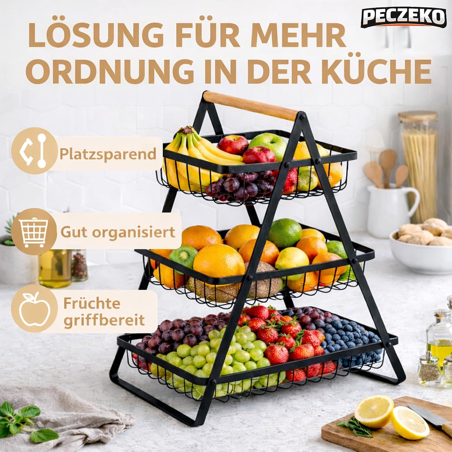 Dreistöckiger Obstkorb, (1 Stück) Schwarz 47cm