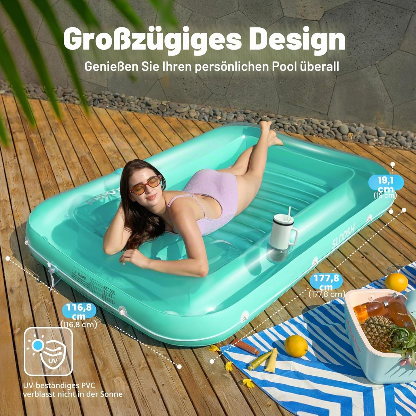 Aufblasbarer Sonnenpool mit abnehmbarem Kissen und Getränkehalter, Cyan L