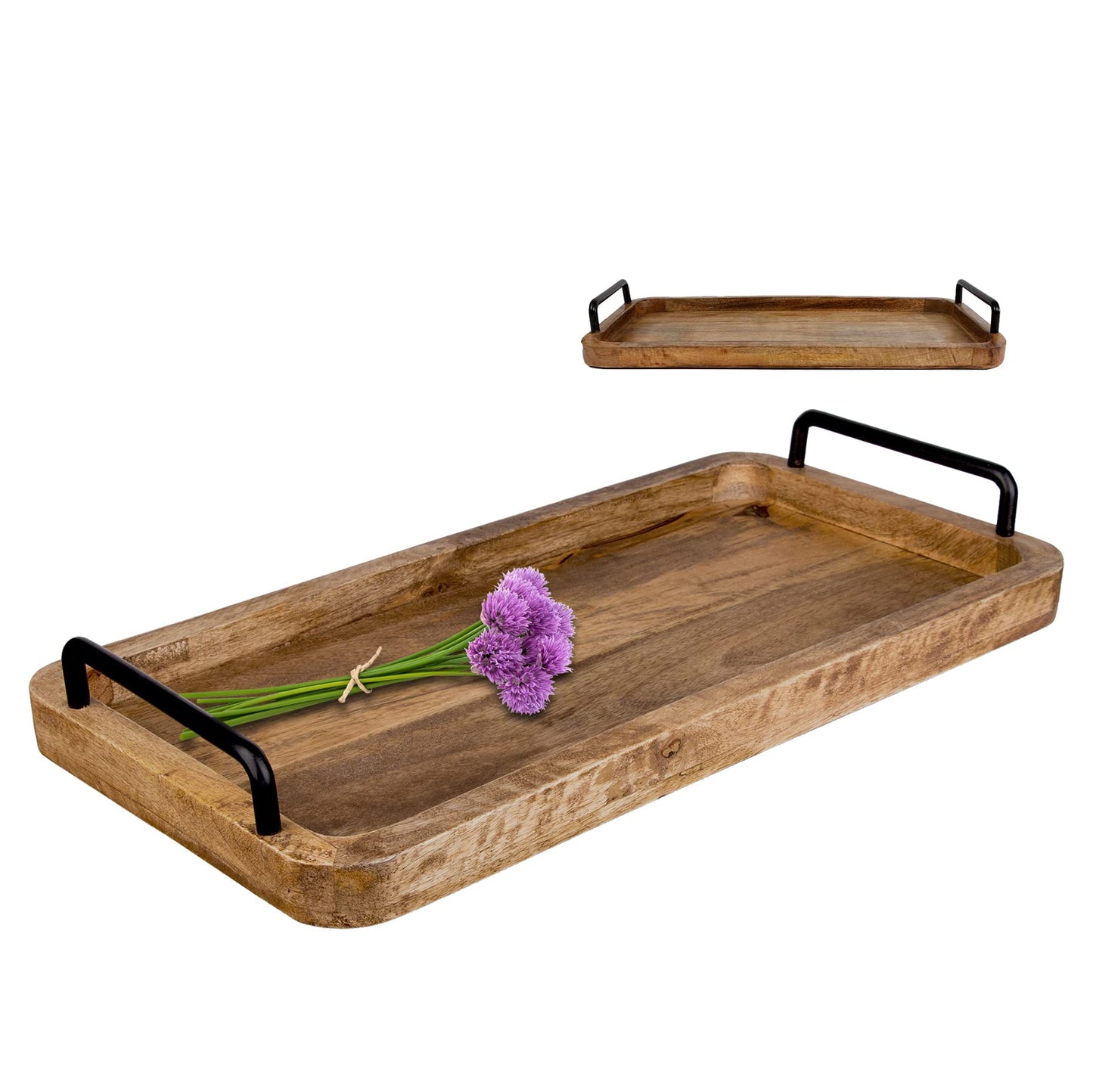 Serviertablett aus Mangoholz mit Metallgriffen, 60 x 30 x 3 cm