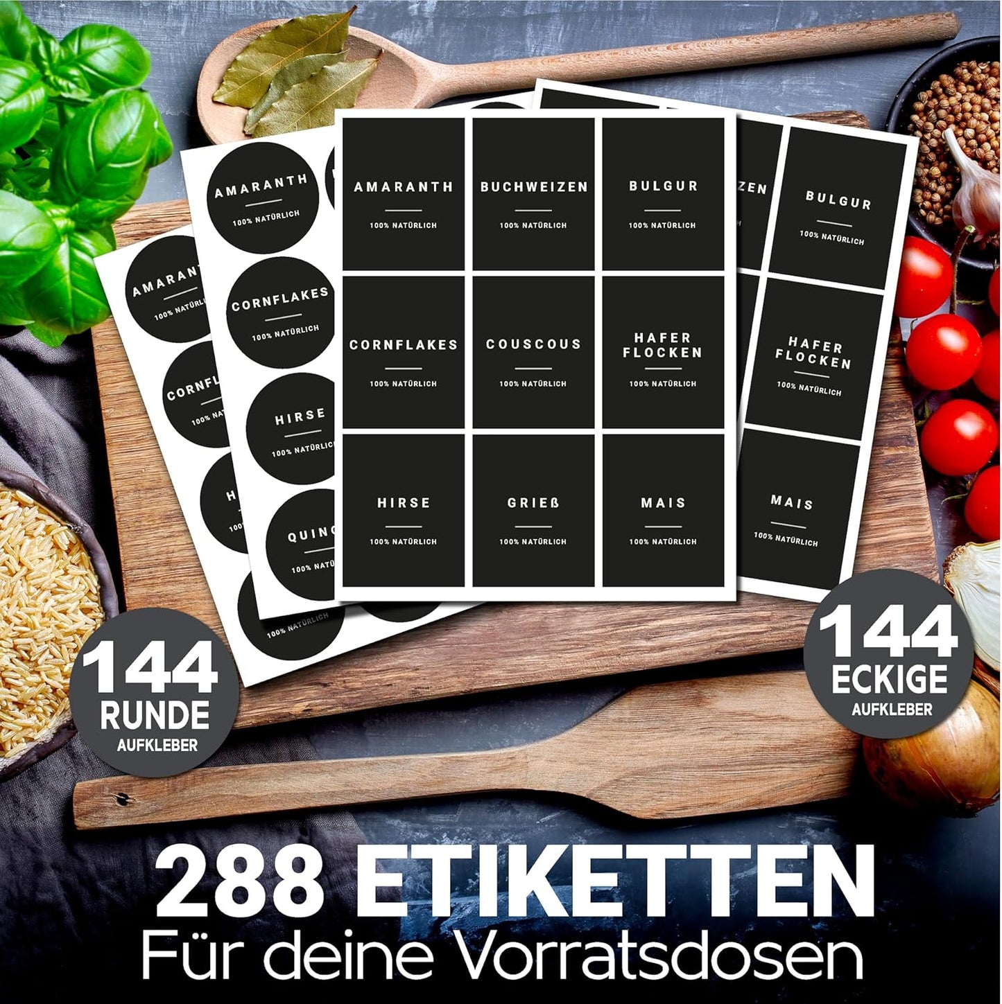 288 x selbstklebende Vorratsetiketten, Vorratsetiketten - Komplett XXL - Schwarz