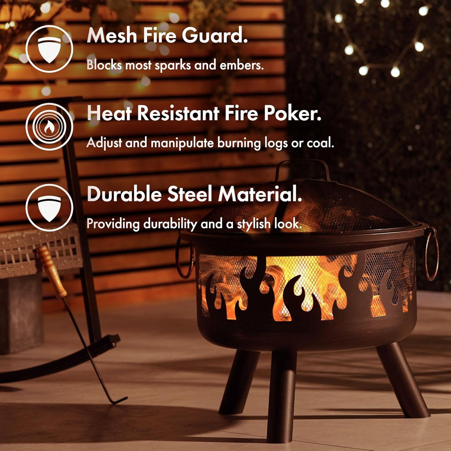Feuerstelle für Garten & Terrasse, tragbar & leicht, Schwarz mit Flammdesign