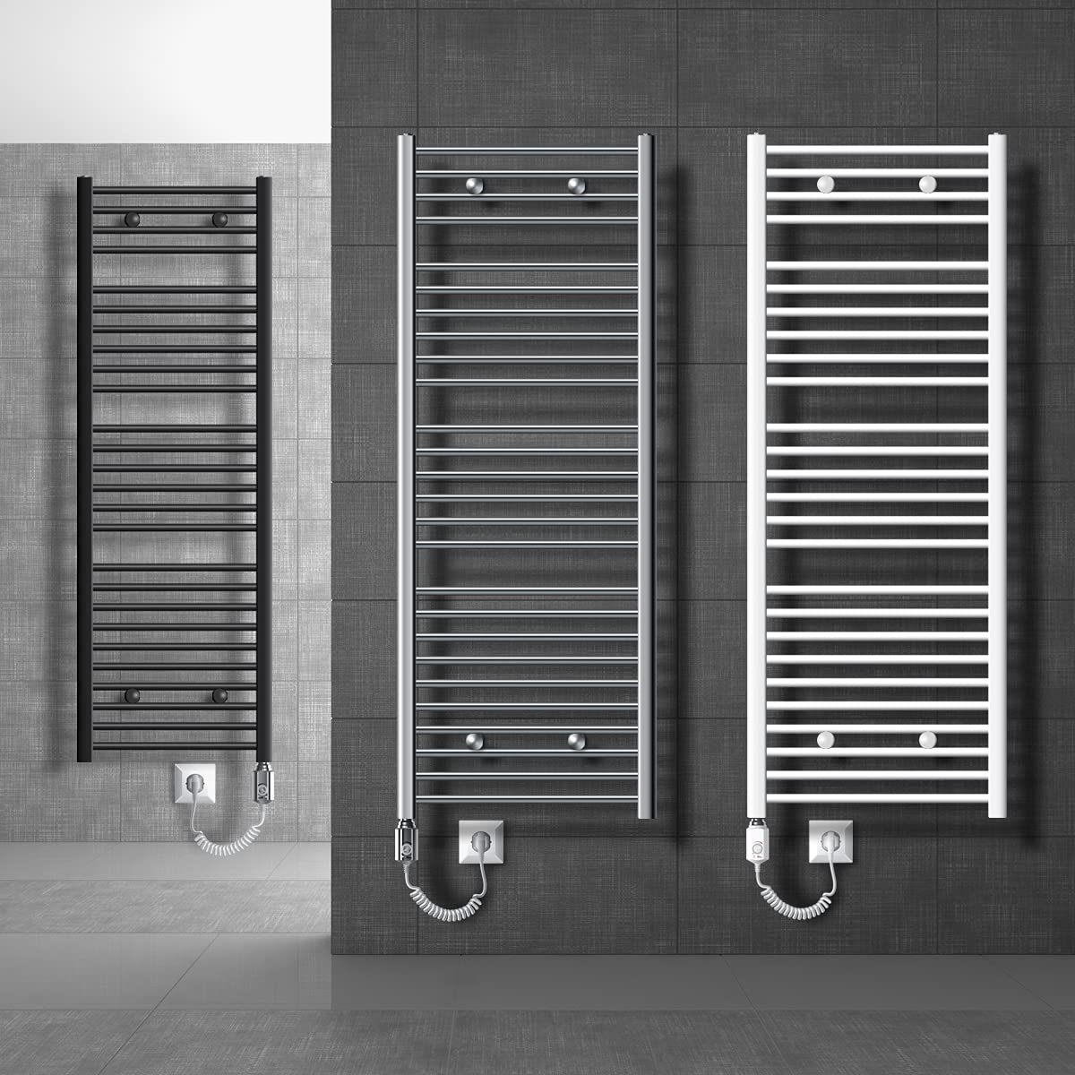 Elektrischer Badheizkörper mit Heizstab 900W, 400x1200 mm gebogen mit Heizstab 900W Weiss