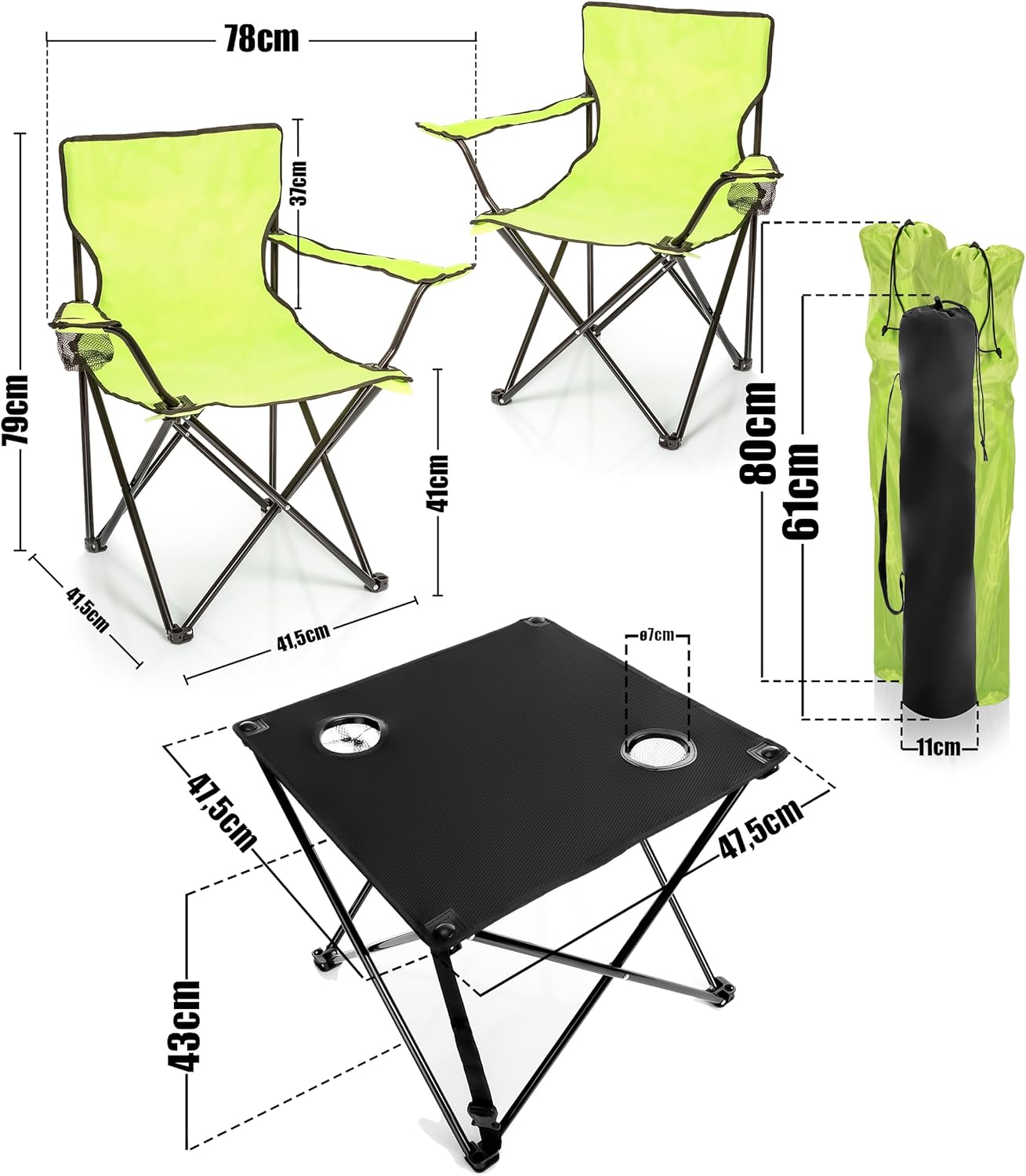 Faltbarer Campingtisch mit Stühlen, Neon Grün