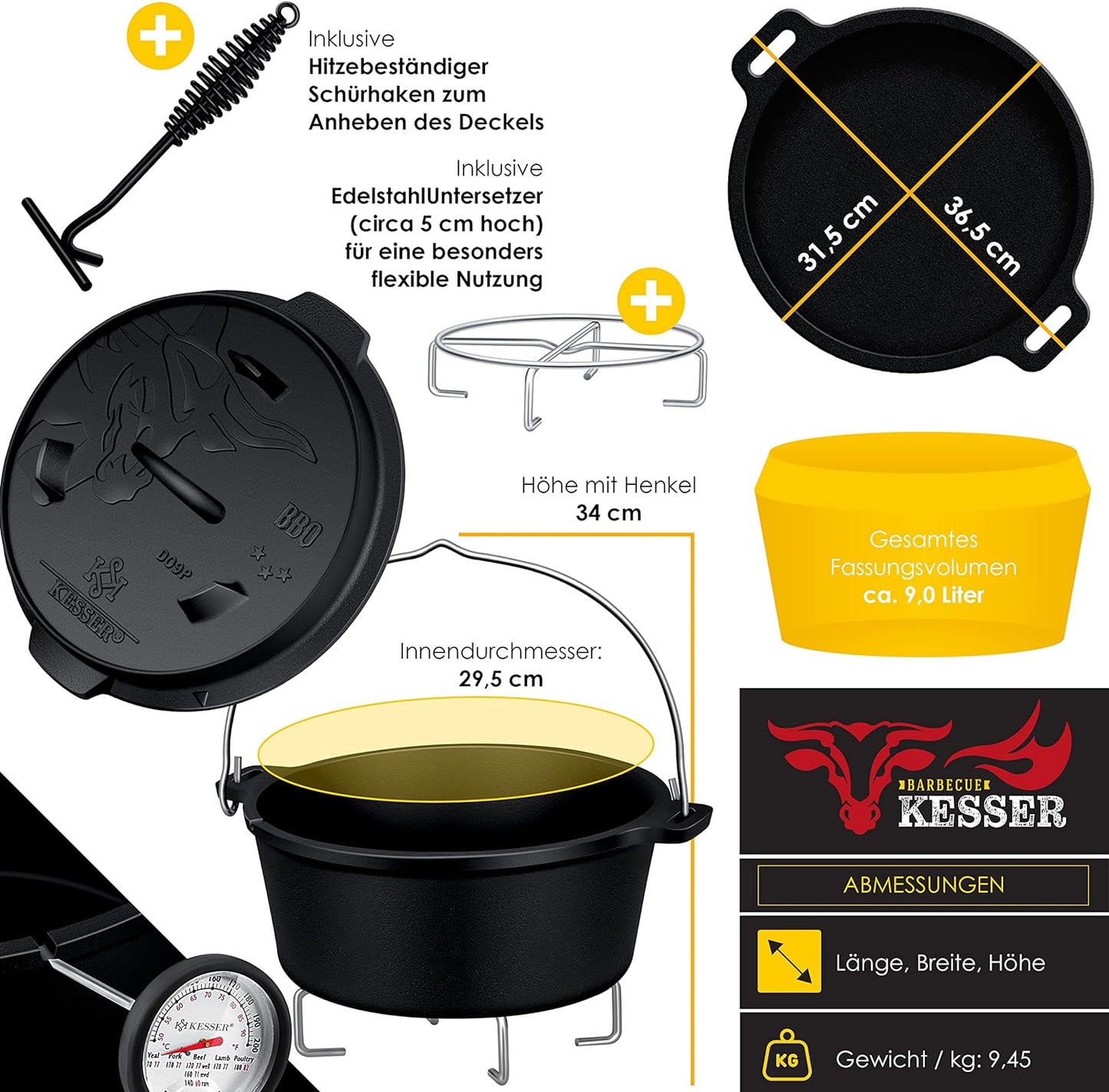 Dutch Oven Set, DO9P - 9.0 Liter, Topf ohne Füsse