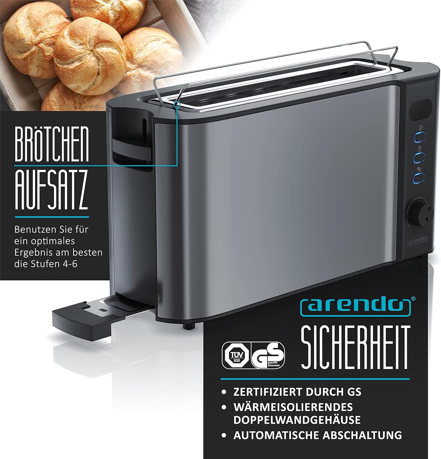 Langschlitztoaster Frukost mit Brötchenaufsatz und LCD Display, A: Cool Grey