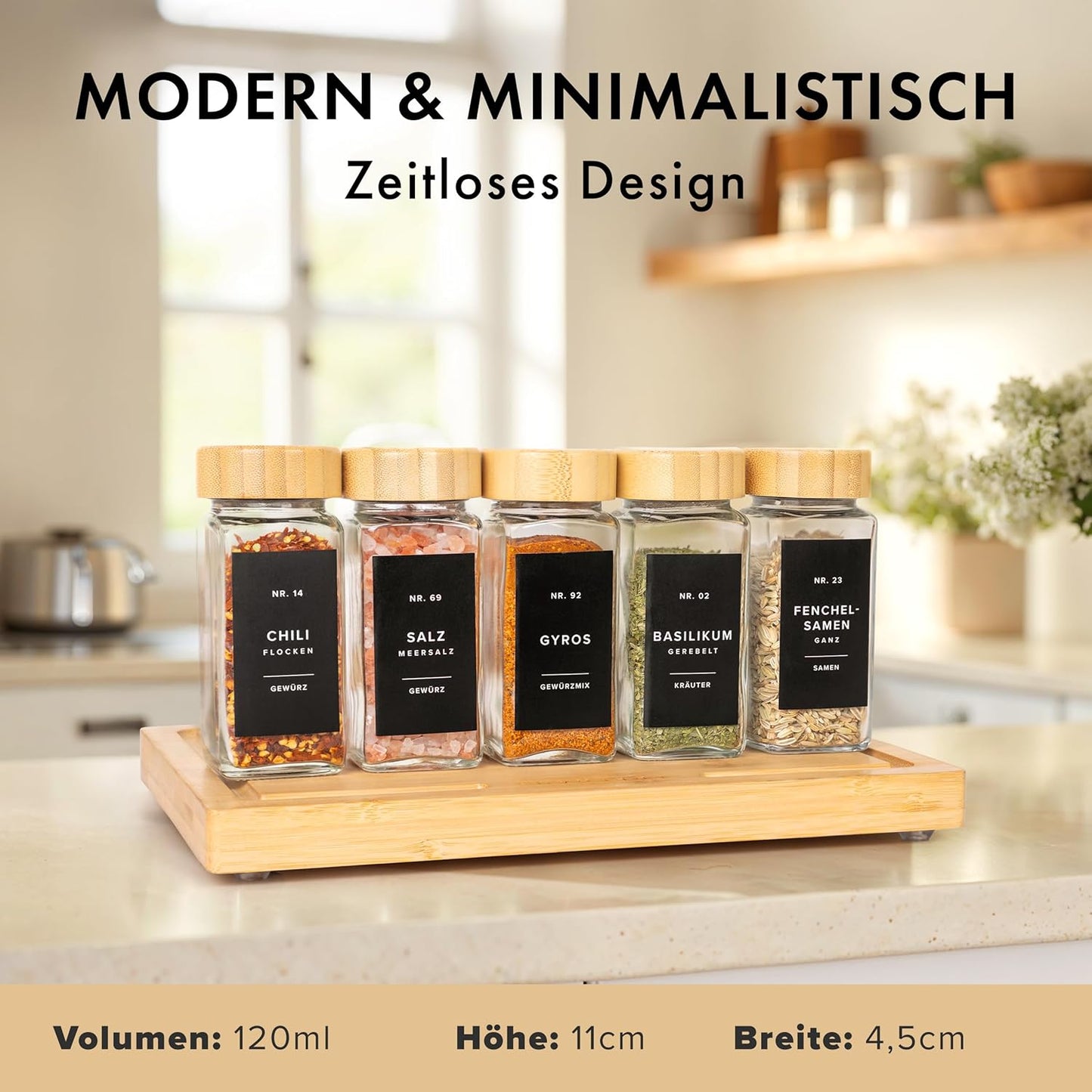 24er-Set Eckige Gewürzgläser, Bambus Dunkler Deckel