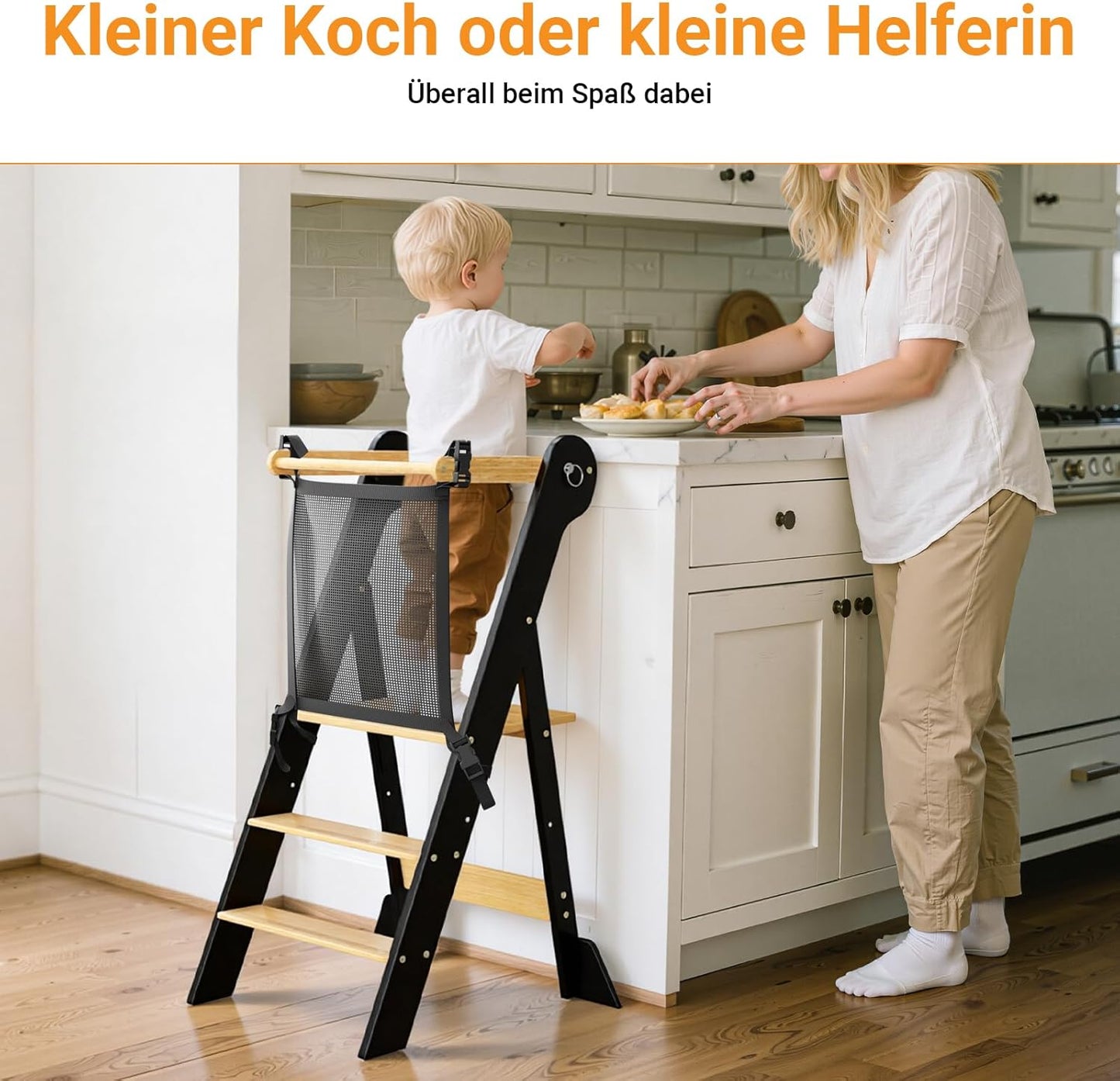 Montessori Lernturm klappbar und höhenverstellbar, L Schwarz & Natur