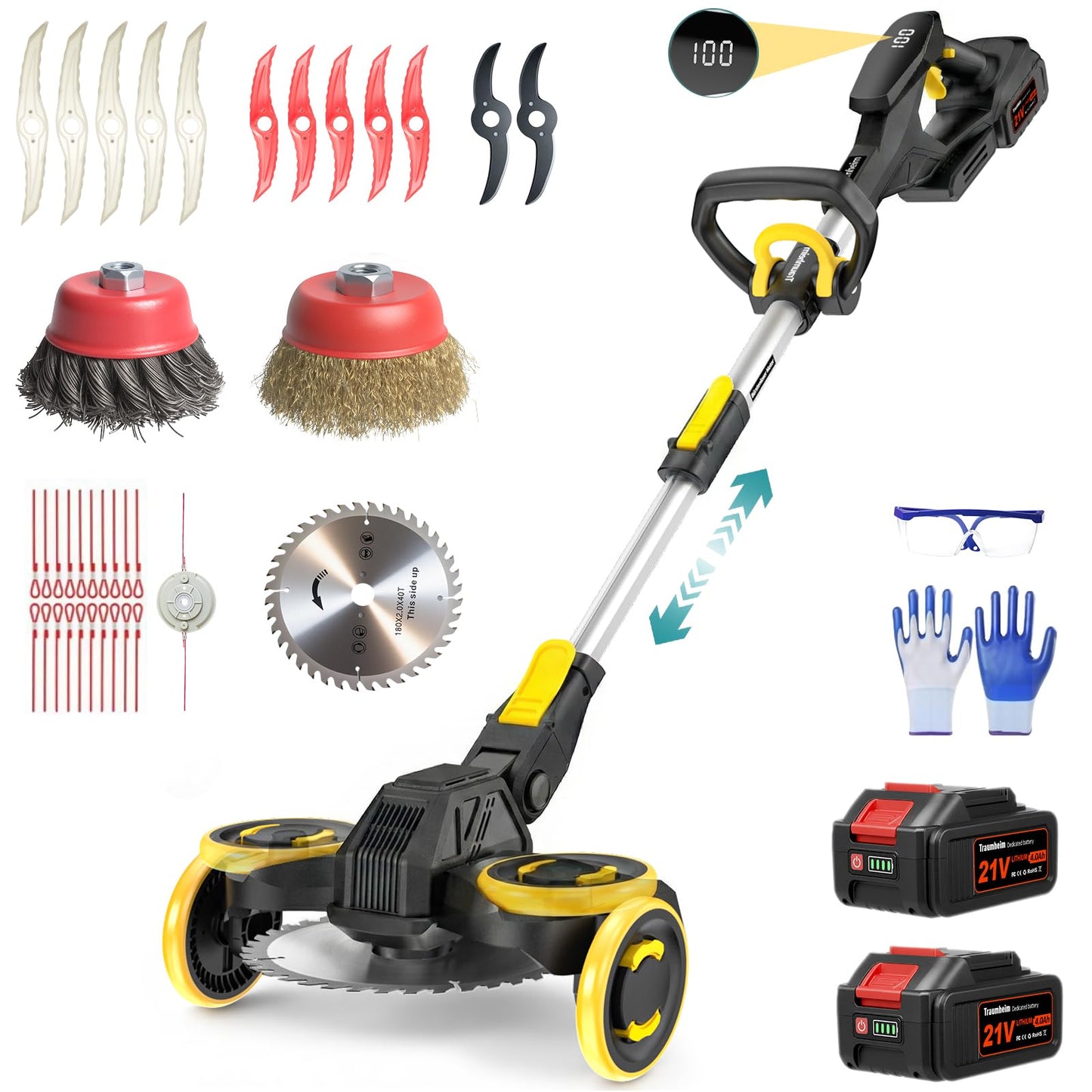 Akku-Rasentrimmer 5 in 1 mit Unkrautbürste 21V, Schwarz