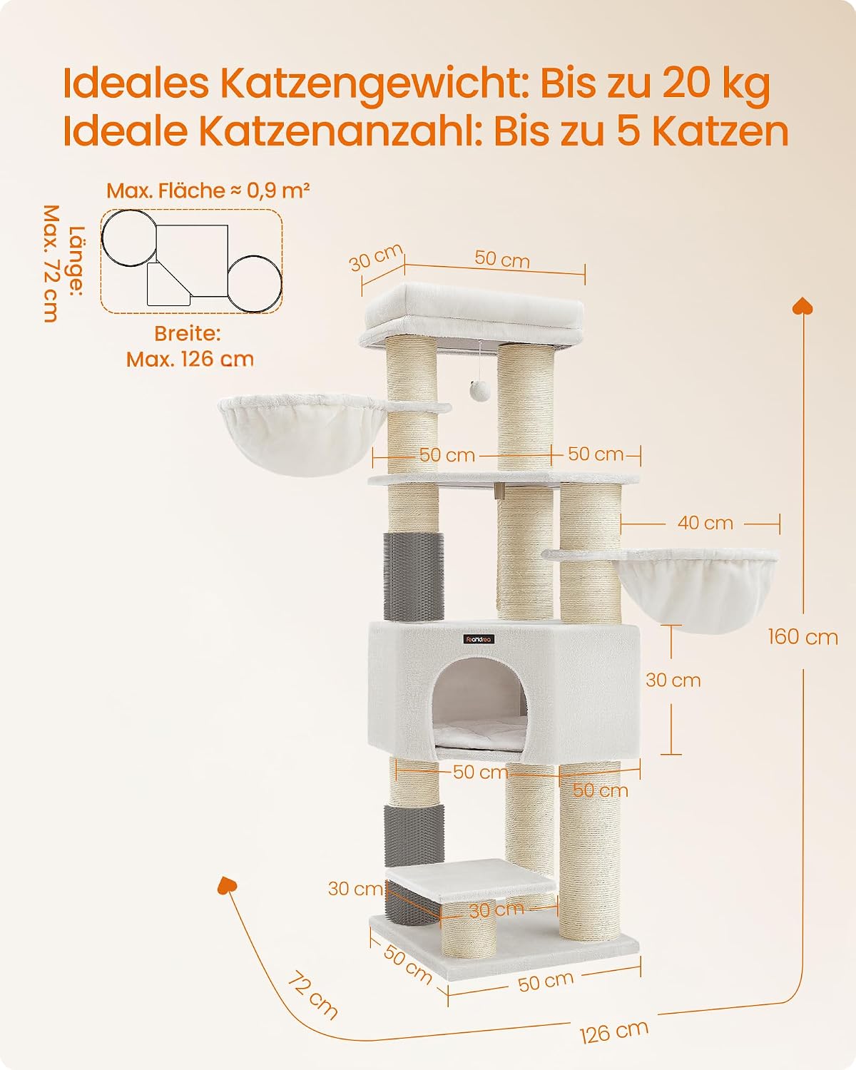Kratzbaum für grosse Katzen mit Bürsten und Höhle, cremeweiss + beige